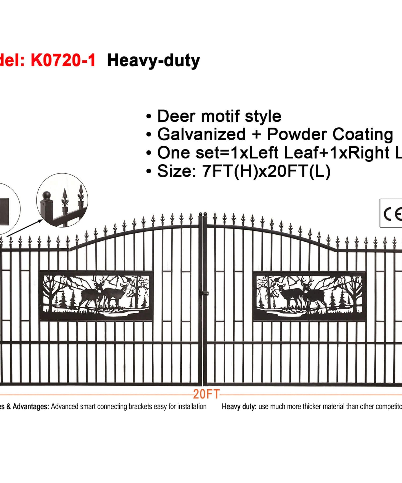 [07X20FT] Heavy-Duty Deer Motif Style Bi-Parting Galvanized Steel Driveway Entrance Gate (SAK68731)