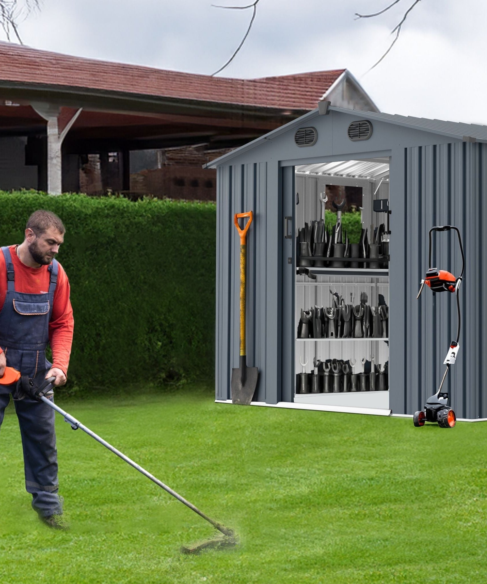 [08X10FT] Alora Large Outdoor Metal Backyard Garden Storage Tool Shed With Window And Lockable Doors (SAK68140)