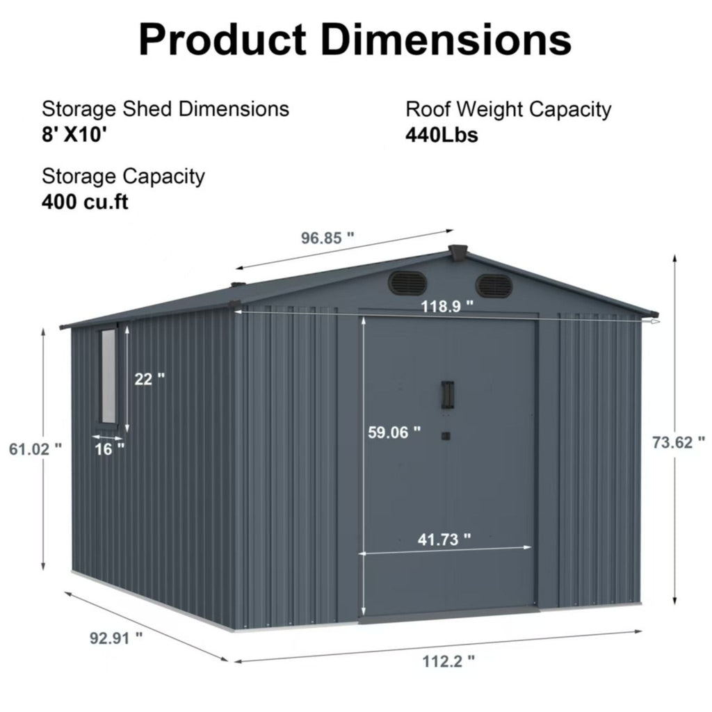[08X10FT] Alora Large Outdoor Metal Backyard Garden Storage Tool Shed With Window And Lockable Doors (SAK68140)