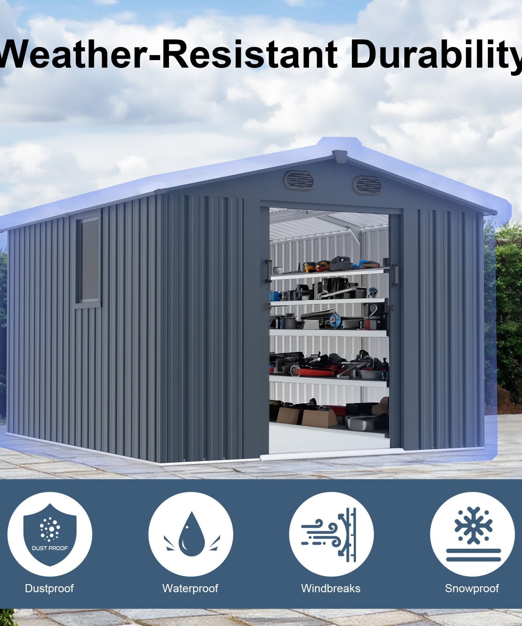 [08X10FT] Alora Large Outdoor Metal Backyard Garden Storage Tool Shed With Window And Lockable Doors (SAK68140)