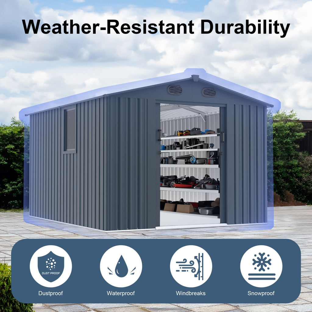 [08X10FT] Alora Large Outdoor Metal Backyard Garden Storage Tool Shed With Window And Lockable Doors (SAK68140)