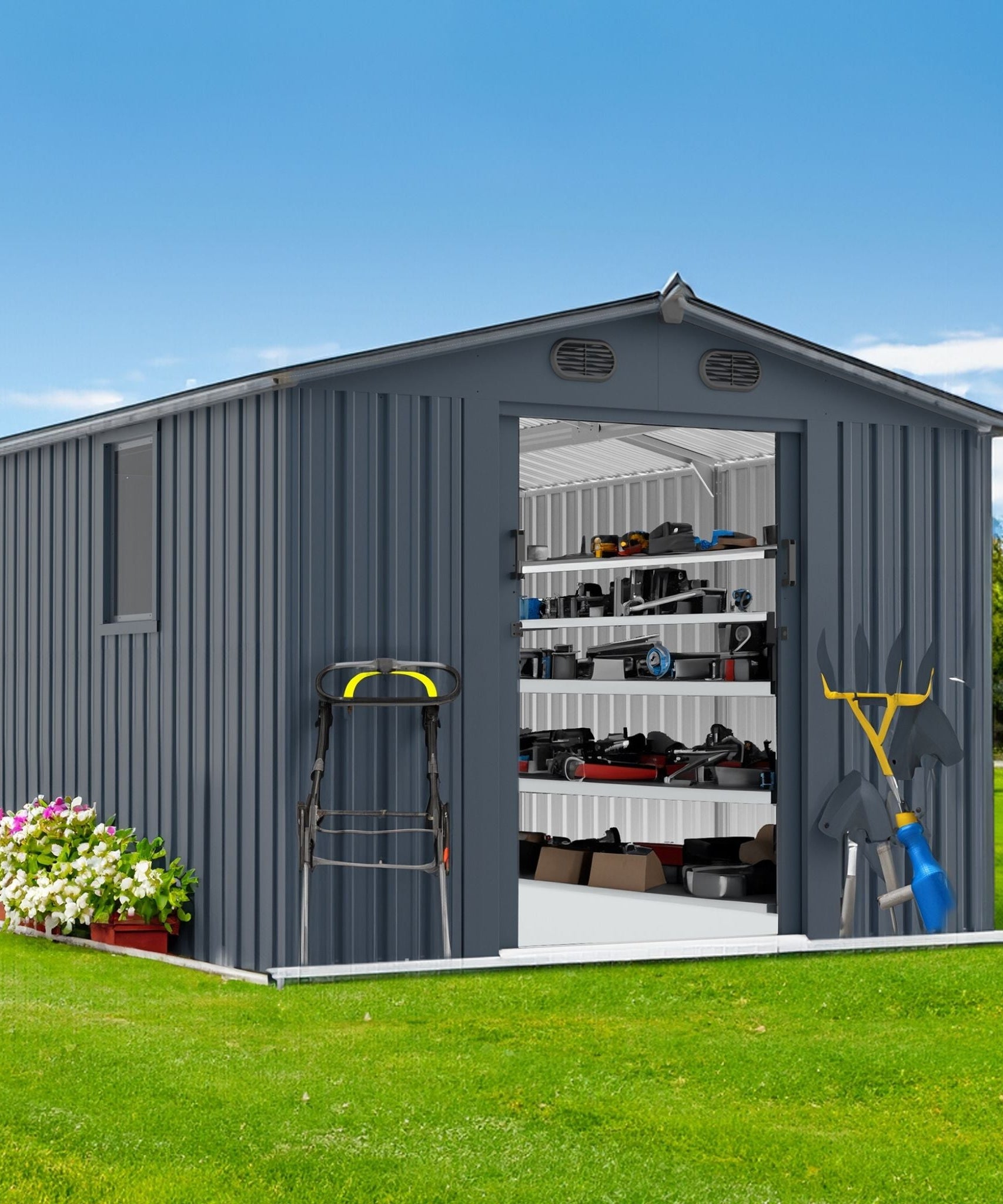 [08X10FT] Alora Large Outdoor Metal Backyard Garden Storage Tool Shed With Window And Lockable Doors (SAK68140)