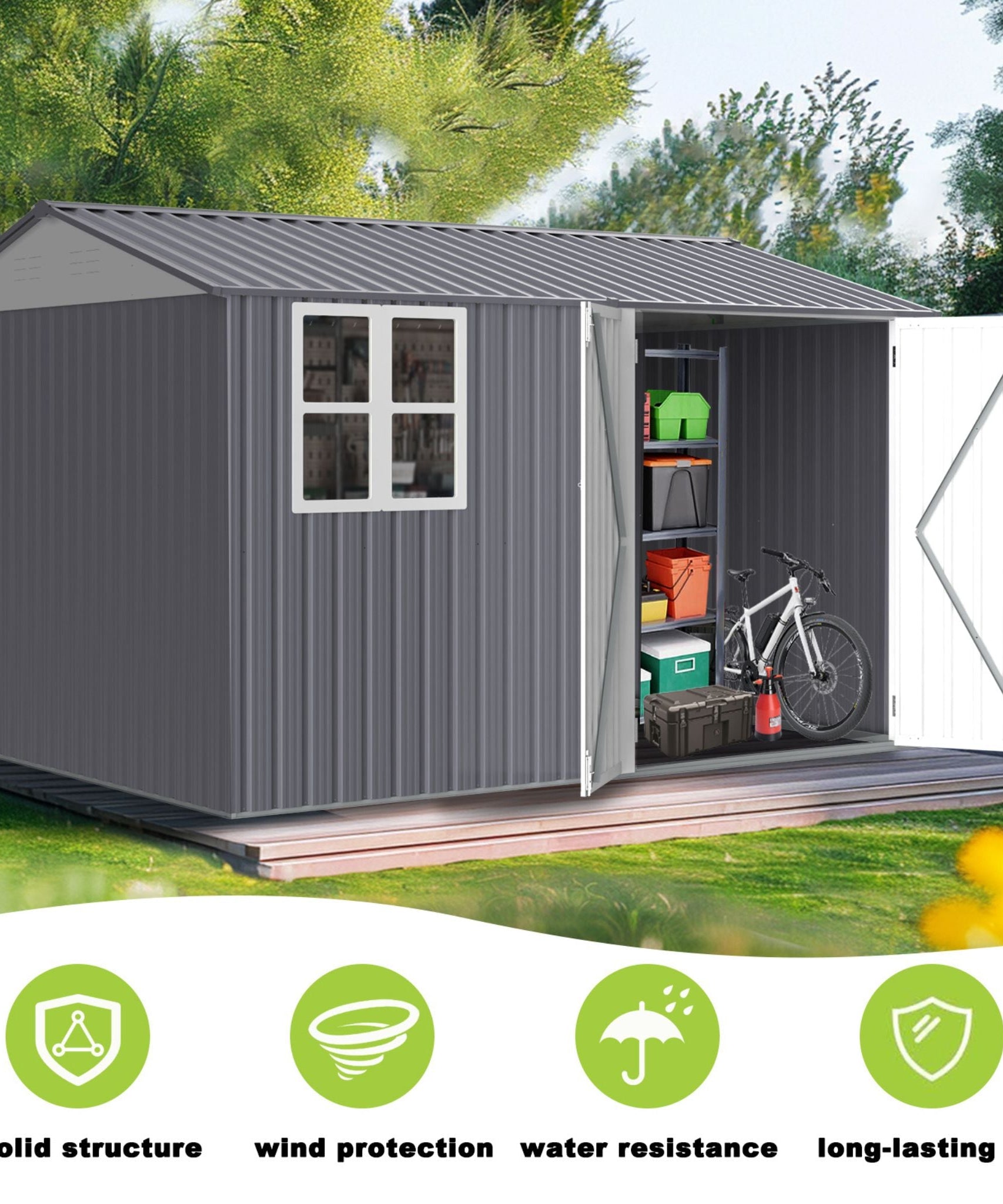 [08X10FT] Alora Outdoor Garden Tool Shed With Thickened Galvanized Steel, Sloped Roof, Vents And Double Lockable Doors (SAK66582)