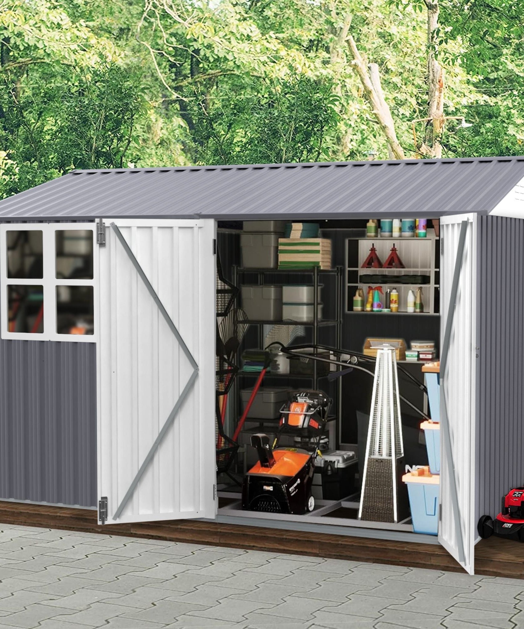 [08X10FT] Alora Outdoor Garden Tool Shed With Thickened Galvanized Steel, Sloped Roof, Vents And Double Lockable Doors (SAK66582)