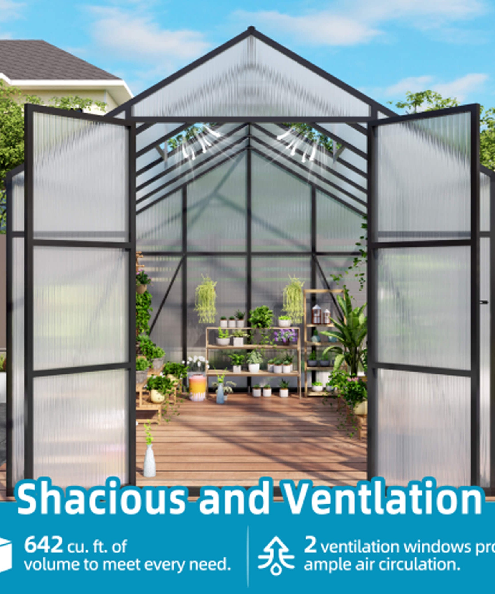 [08X12FT] All-Season Outdoor Backyard Polycarbonate Greenhouse With Raised Base And Aluminum Frame (SAK78614)