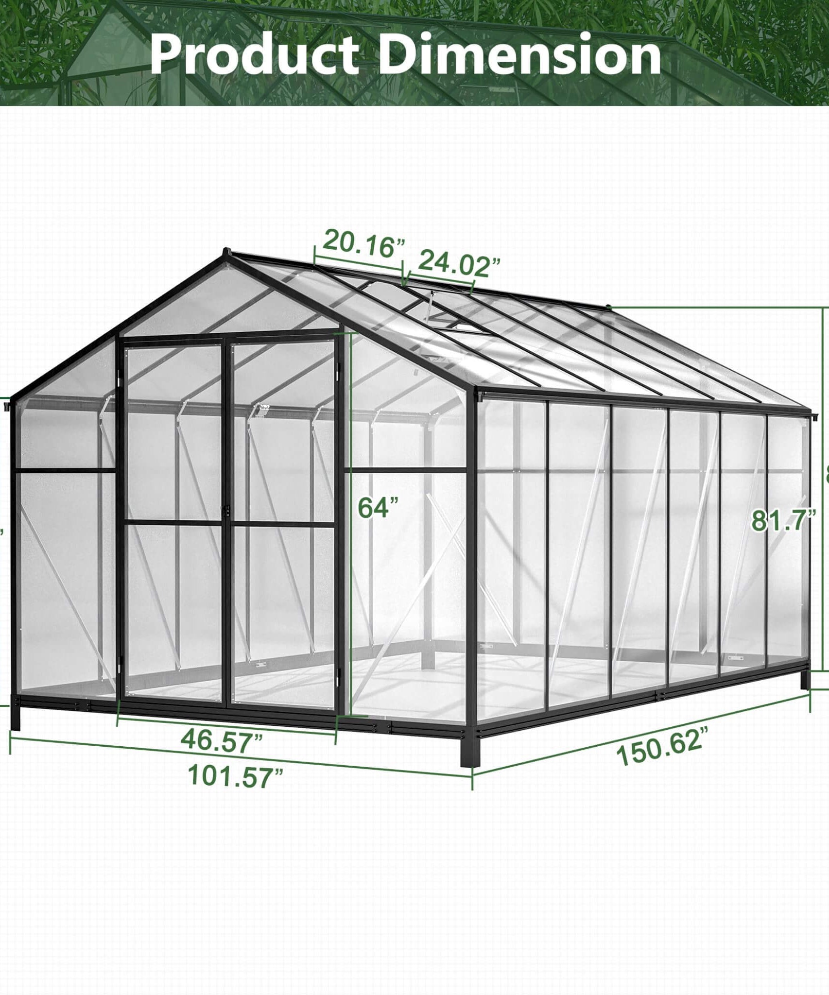 [08X12FT] Large Outdoor Heavy-Duty Polycarbonate Walk-In Greenhouse With Double Swing Doors And Two Ventilation Windows (SAK73651)