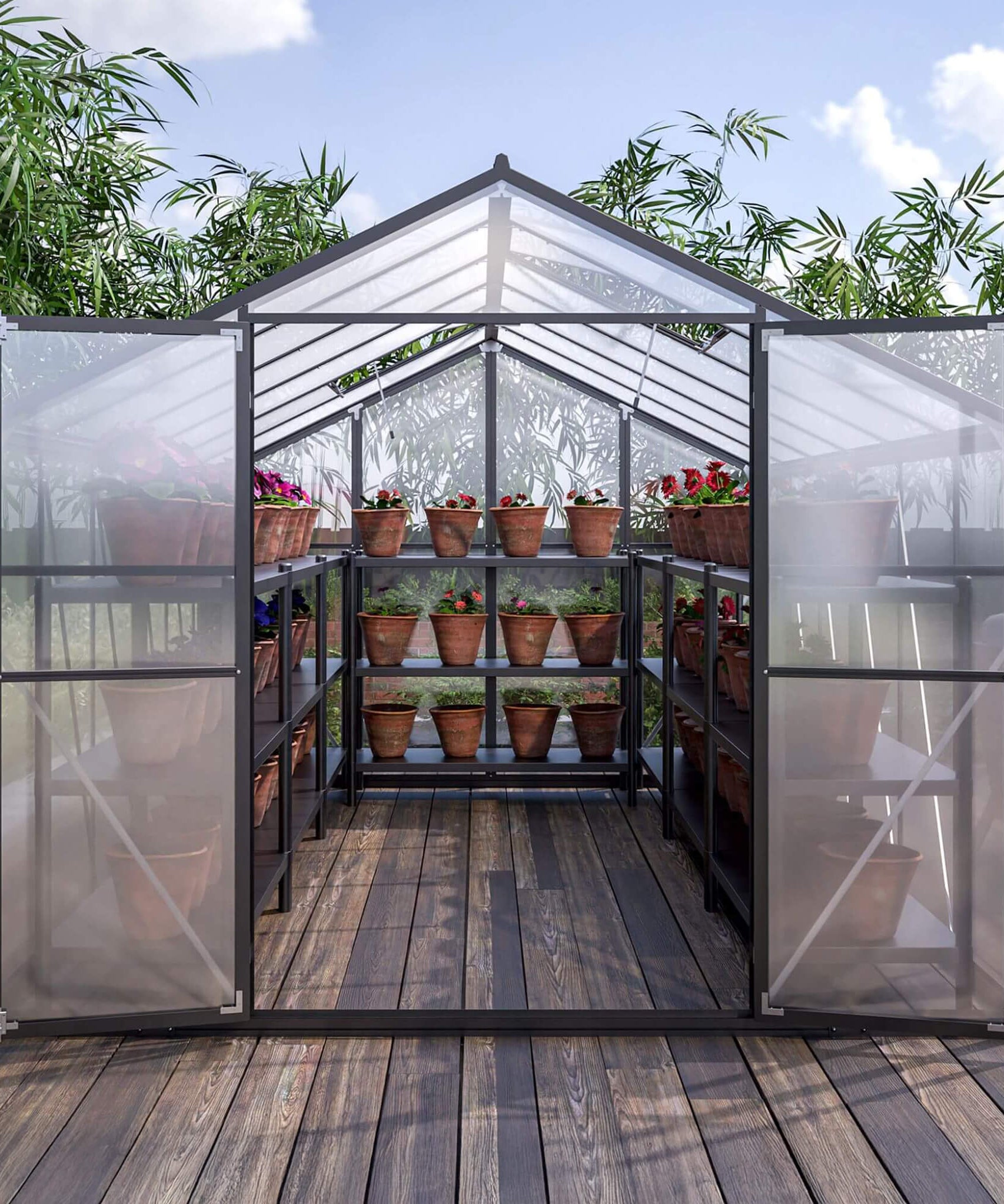 [08X12FT] Large Outdoor Heavy-Duty Polycarbonate Walk-In Greenhouse With Double Swing Doors And Two Ventilation Windows (SAK73651)