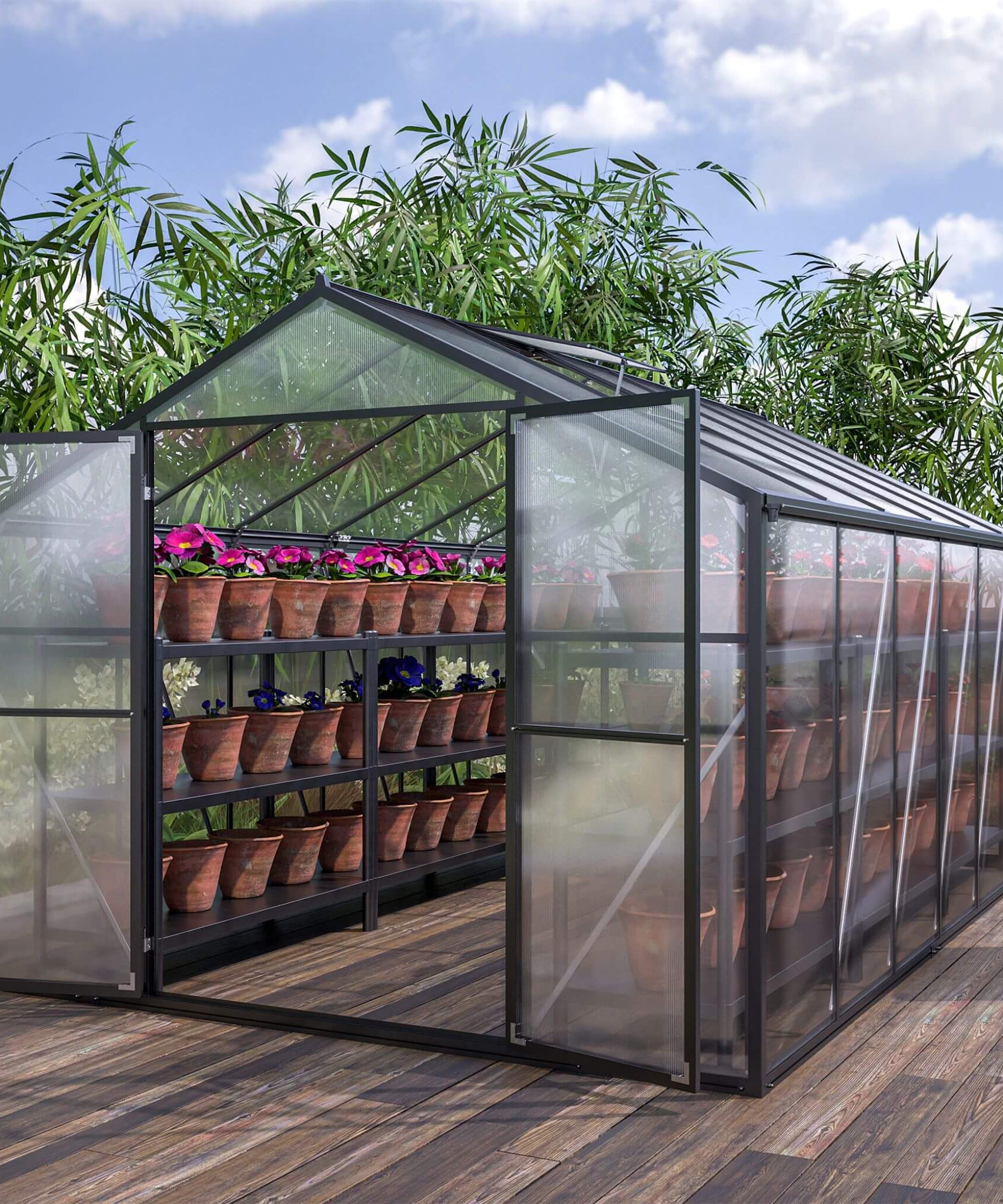 [08X12FT] Large Outdoor Heavy-Duty Polycarbonate Walk-In Greenhouse With Double Swing Doors And Two Ventilation Windows (SAK73651)