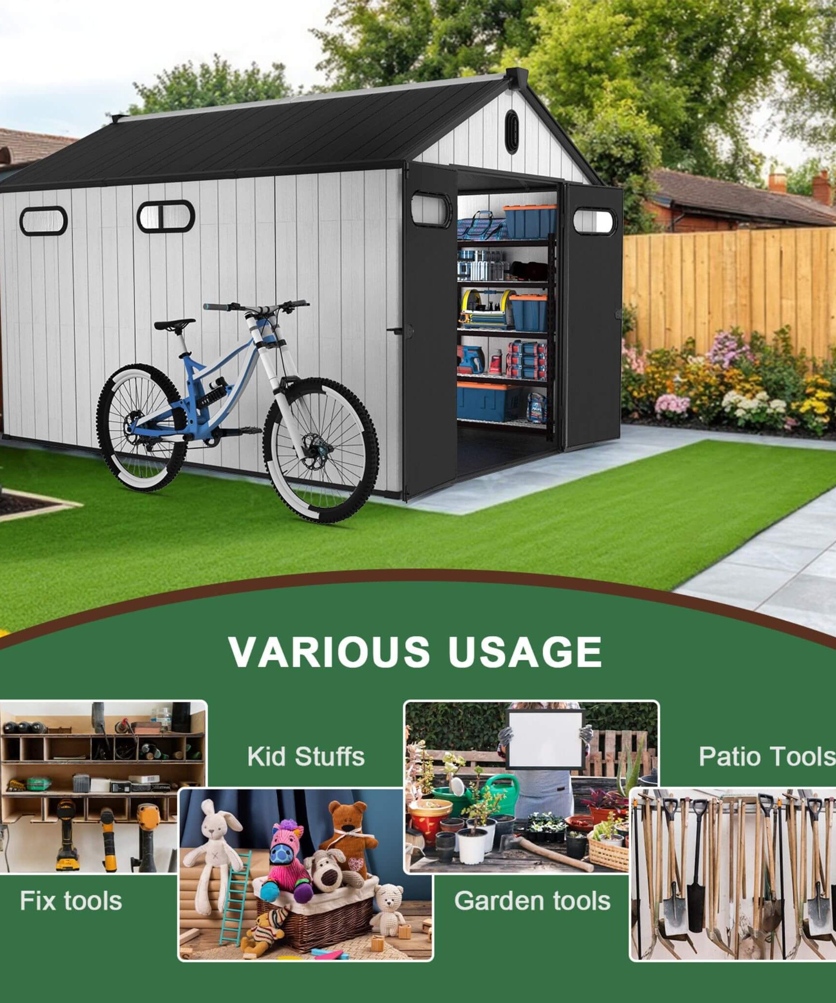 [08X12FT] Alora Large Polypropylene Storage Shed With Reinforced Floor And Lockable Swing Doors (SAK07451)