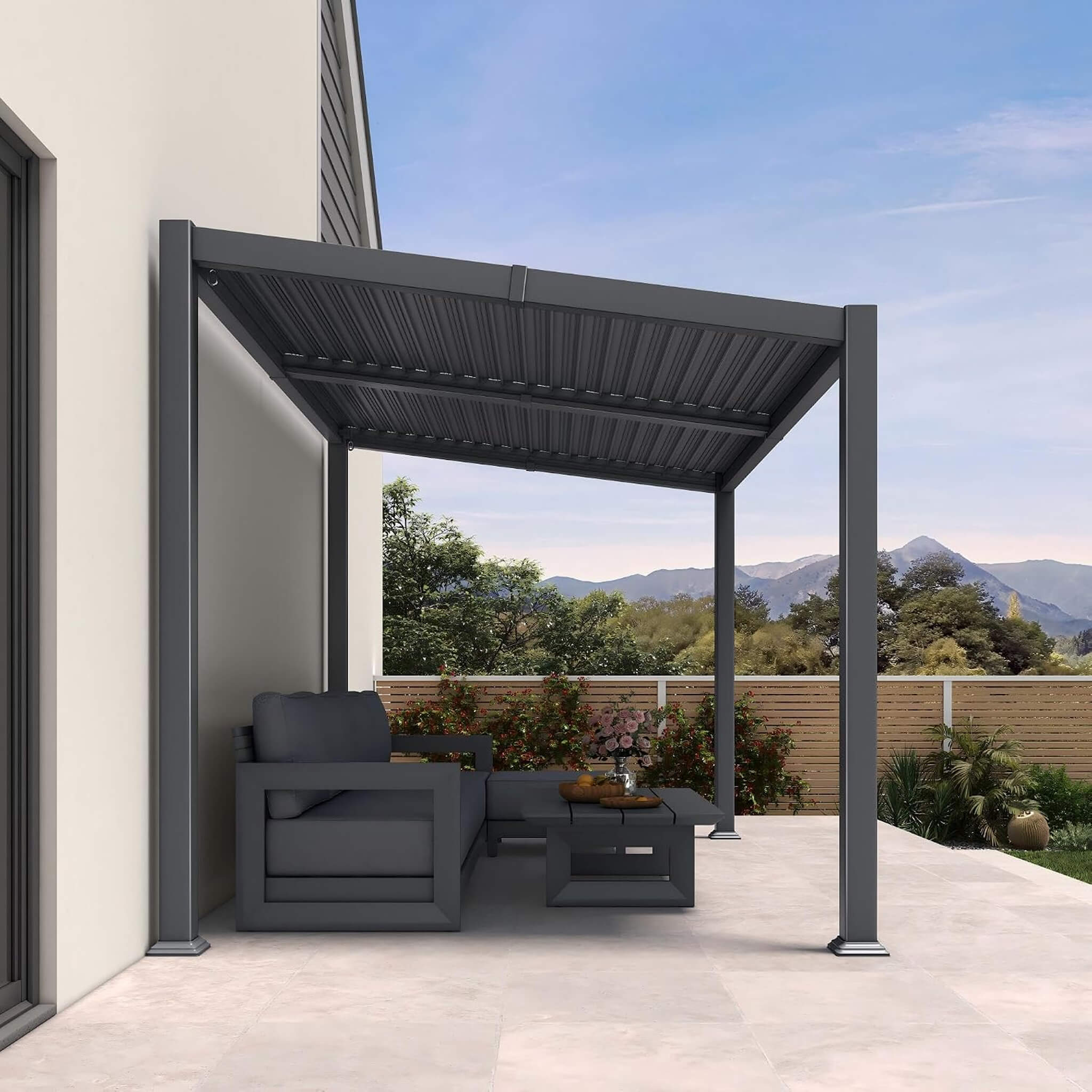 [08X12FT] Alora Modern Louvered Aluminum Pergola With Sloped Roof (SAK37244)