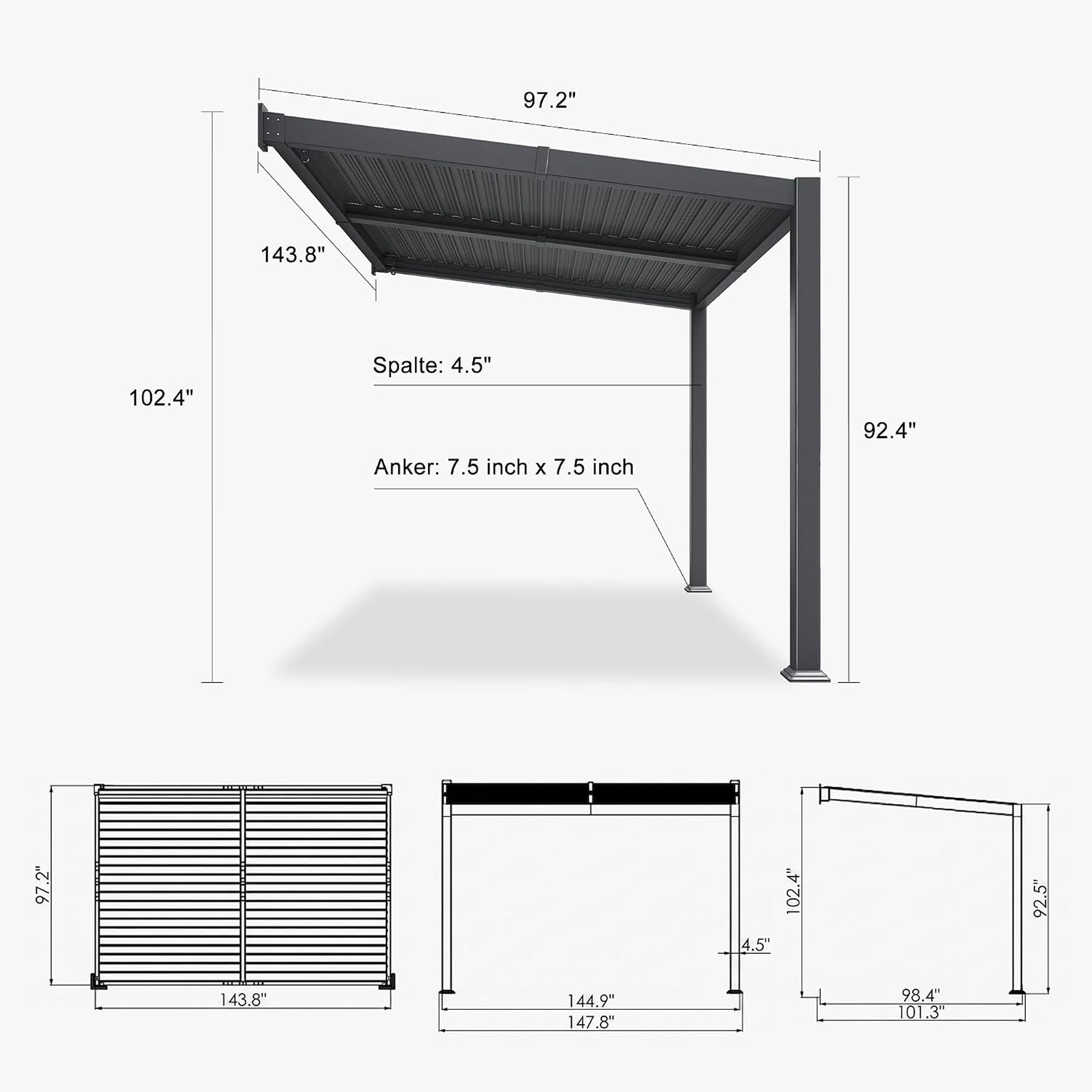 [08X12FT] Alora Modern Wall-Mounted Louvered Pergola With Aluminum Frame (SAK25902)