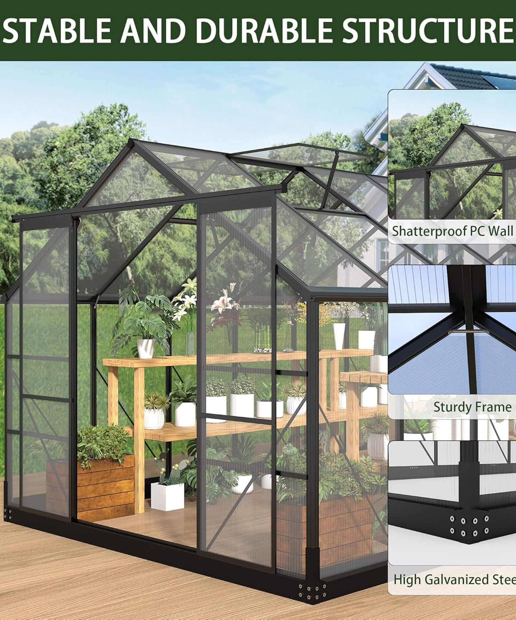 [08X14FT] Outdoor Polycarbonate Greenhouse With Roof Vents & Sliding Doors, 4MM (SAK19426)