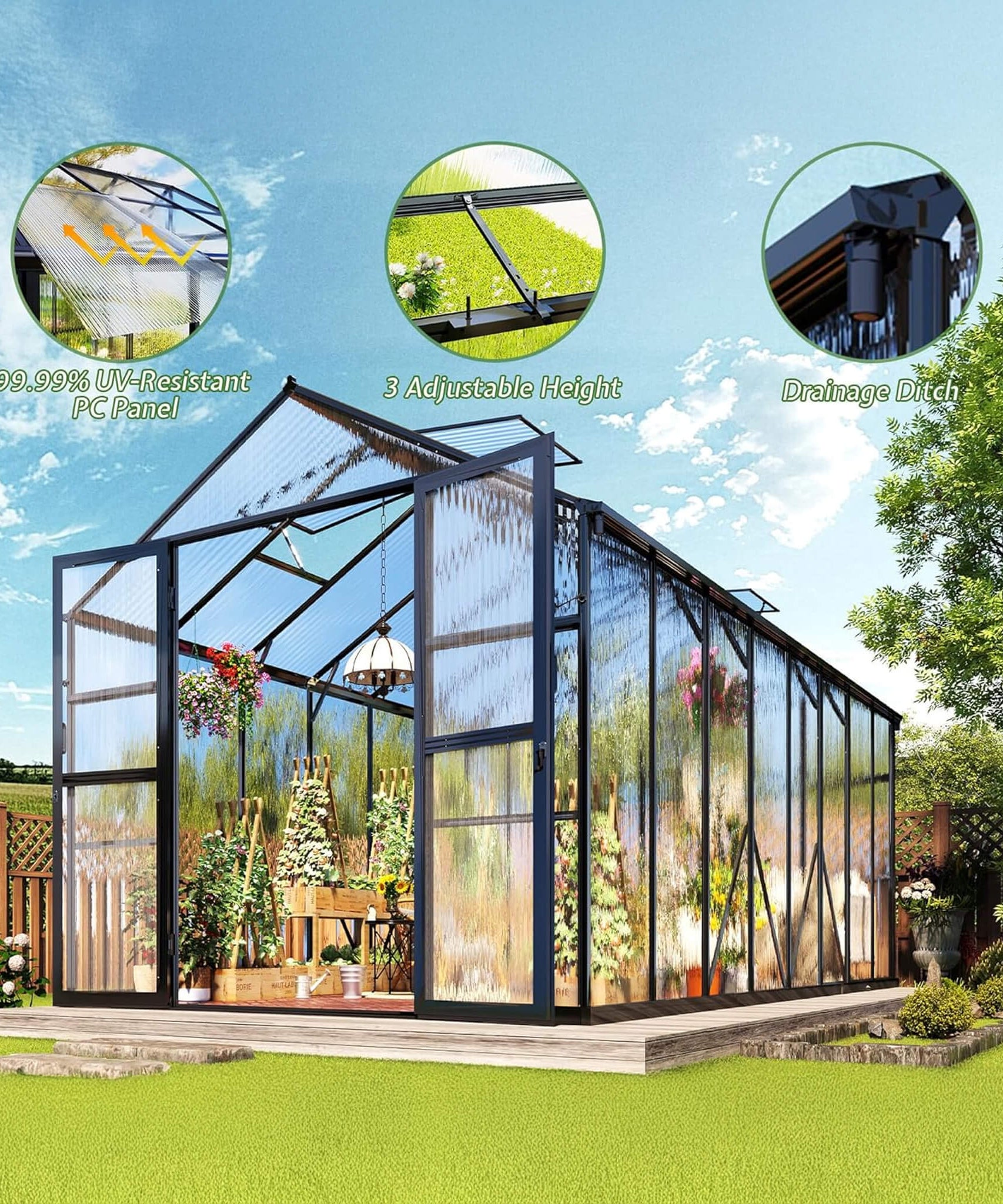 [08X16FT] Premium Polycarbonate Outdoor Walk-In Patio Greenhouse With Double Swing Doors, 4MM (SAK79206)