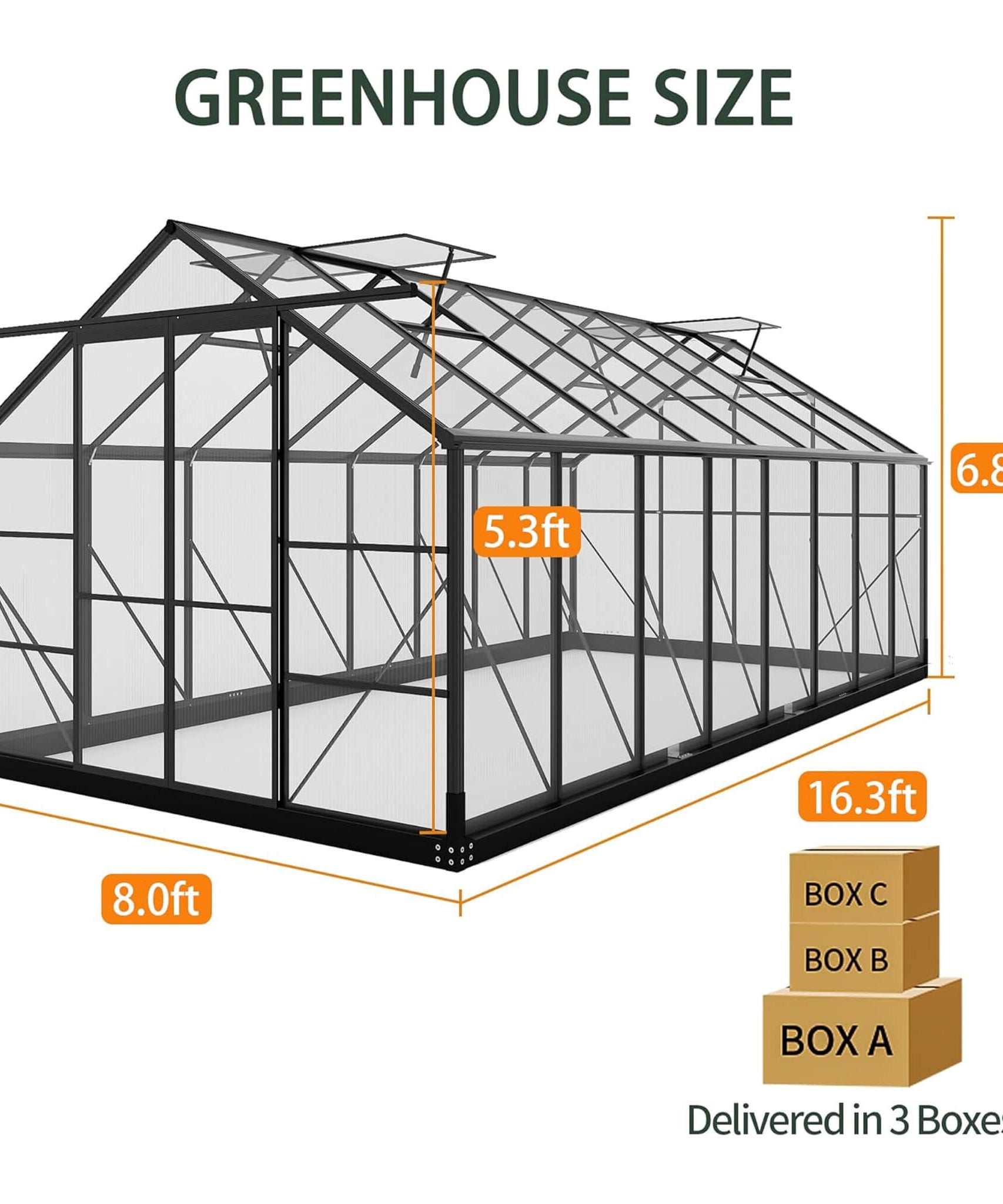 [08X16FT] Premium Outdoor Walk-In Polycarbonate Greenhouse With Roof Vents & Sliding Doors, 4MM (SAK72649)