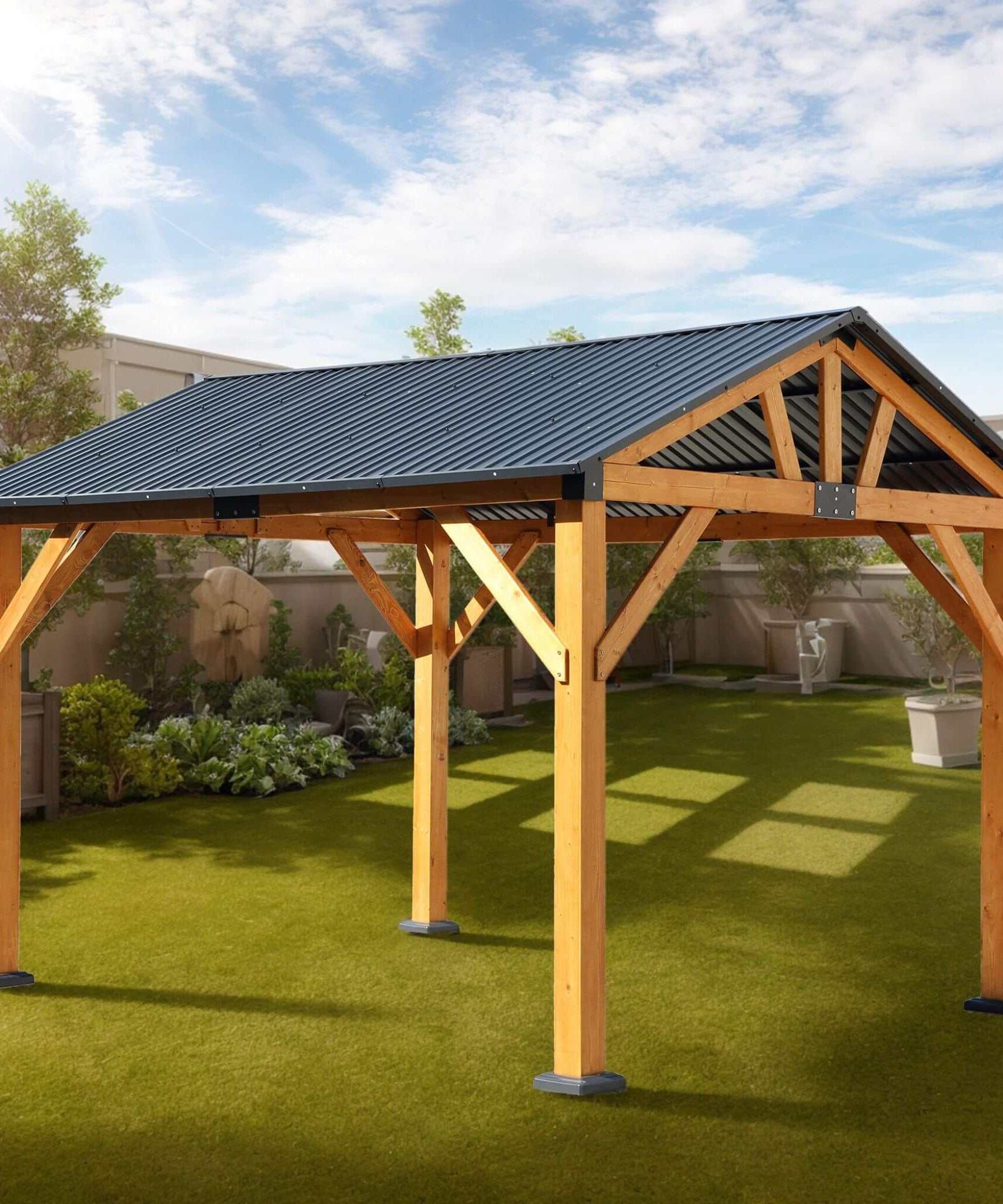 [09X11FT] Alora Heavy-Duty All-Weather Hardtop Wooden Carport Gazebo With Galvanized Steel Roof (SAK39187)