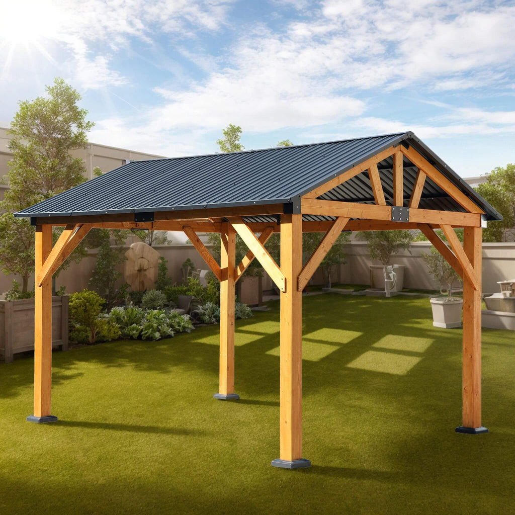 [09X11FT] Alora Heavy-Duty All-Weather Hardtop Wooden Carport Gazebo With Galvanized Steel Roof (SAK39187)