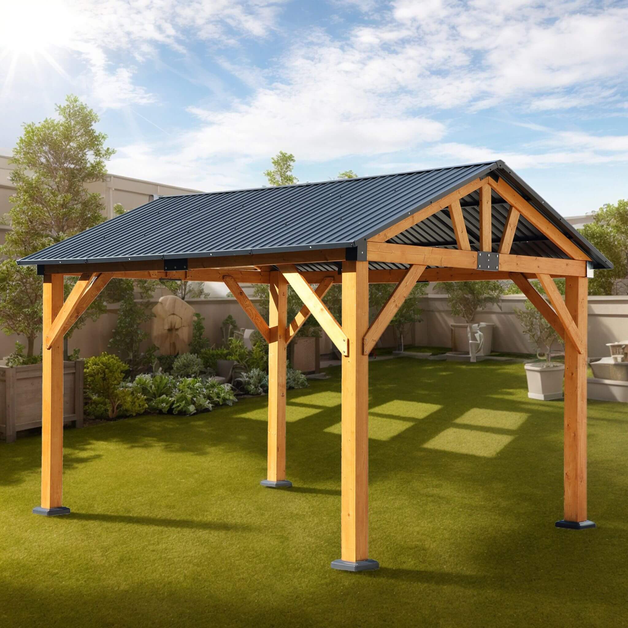 [09X11FT] Alora Heavy-Duty All-Weather Hardtop Wooden Carport Gazebo With Galvanized Steel Roof (SAK39187)