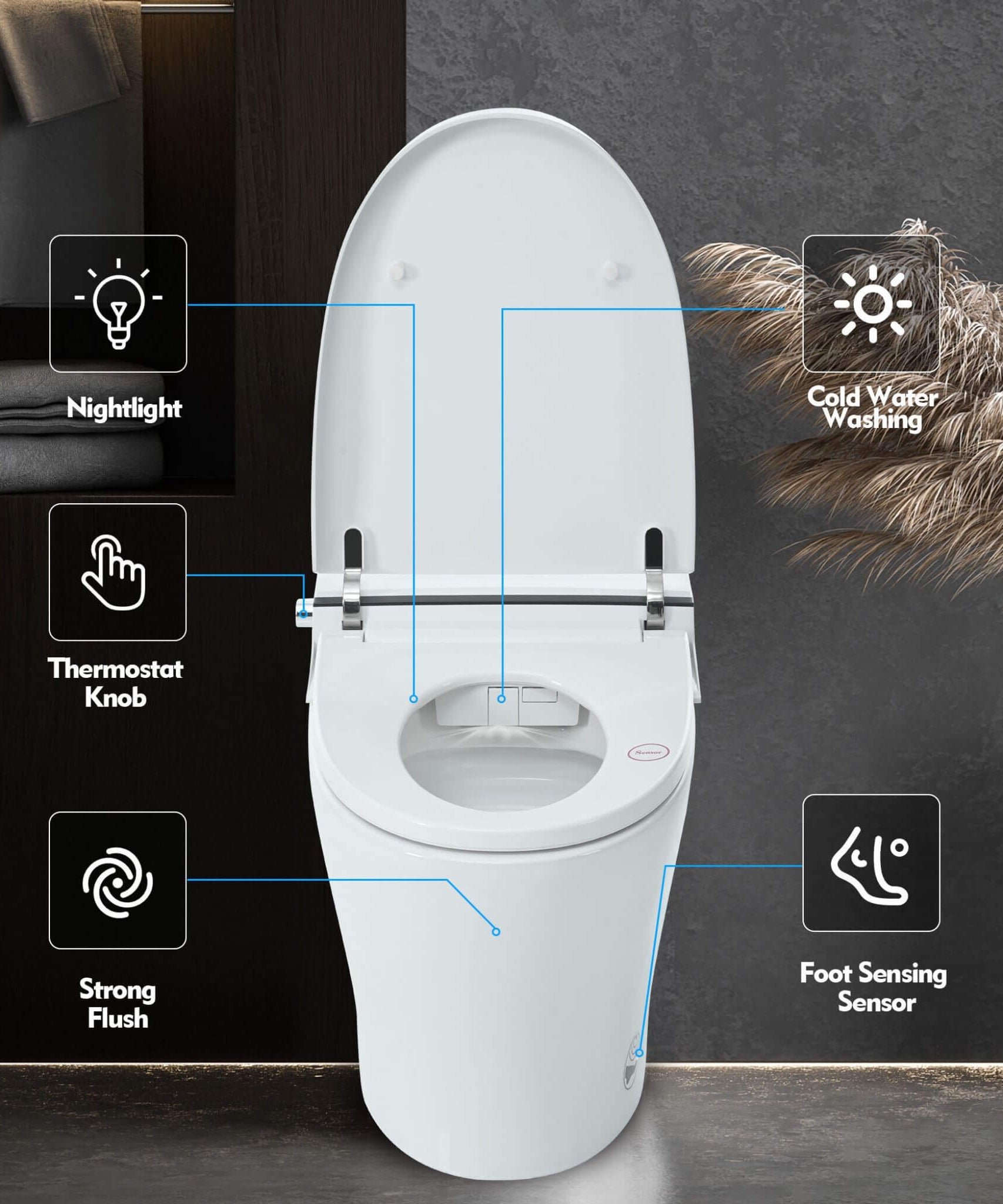 Nuvia 1/1.28 GPF Smart Compact Dual Flush Tankless Toilet Bidet Combo With Self-Cleaning Nozzle And Foot Sensor Flush (SAK58021)