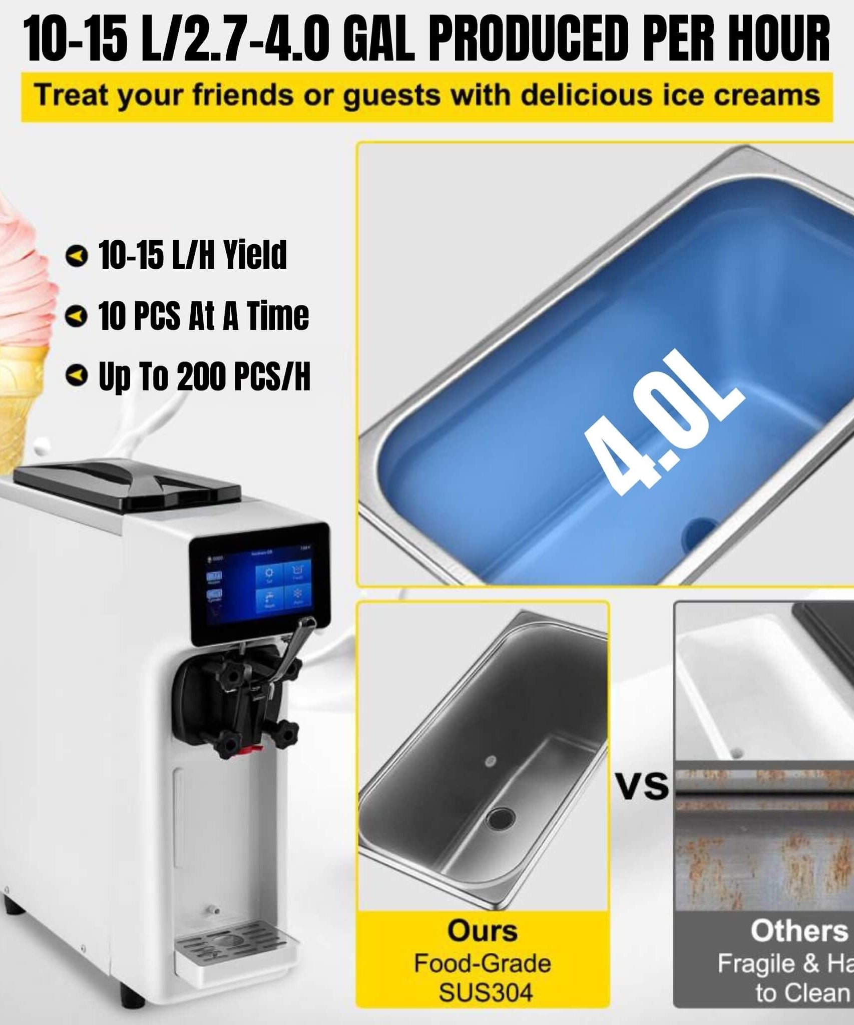 1000W Commercial 4.0L Home Soft Serve Frozen Yogurt Ice Cream Maker Machine (SAK83425)