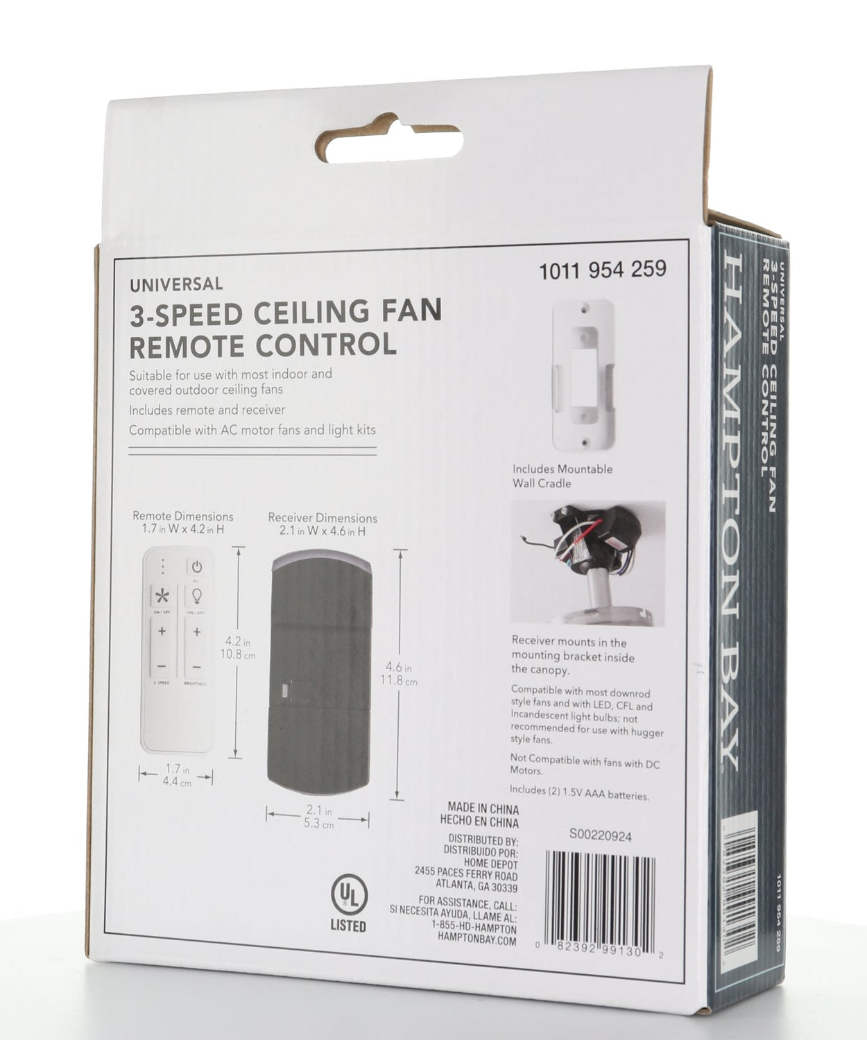 Hampton Bay White Universal 3-speed Damp Rated Ceiling Fan Remote Control with Dimmer