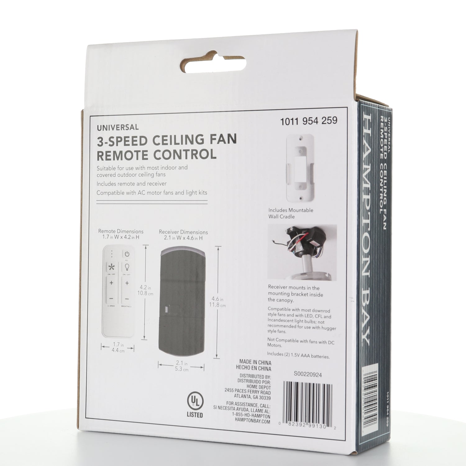 Hampton Bay White Universal 3-speed Damp Rated Ceiling Fan Remote Control with Dimmer
