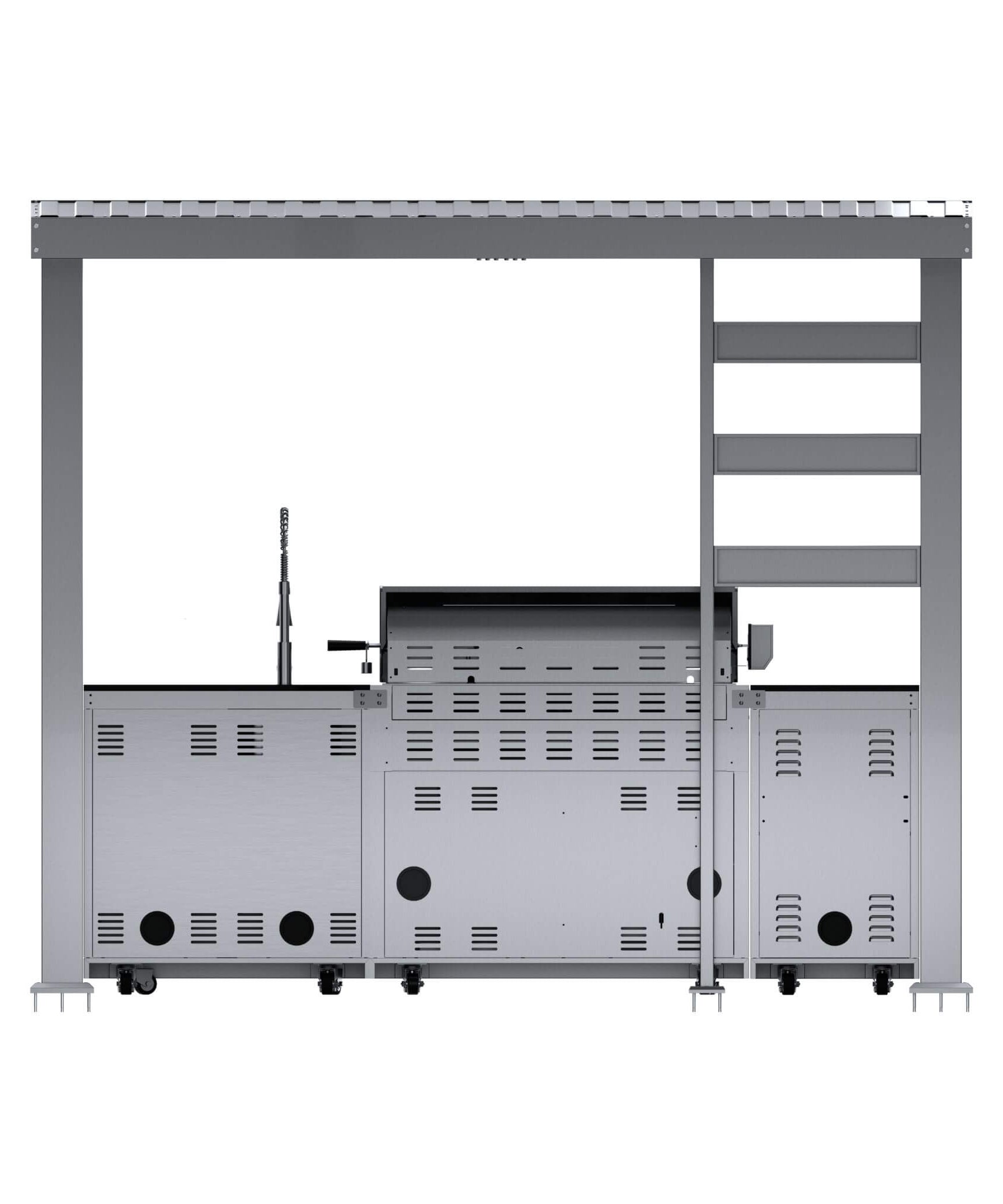 Castelle Flame Blaze 108-Inch 6-Burner 85K BTU Deluxe Stainless Steel Liquid Propane Outdoor Kitchen Grill Island With Wine Cooler, Rotisserie, Cabinets, And Granite Countertops (SAK58310)