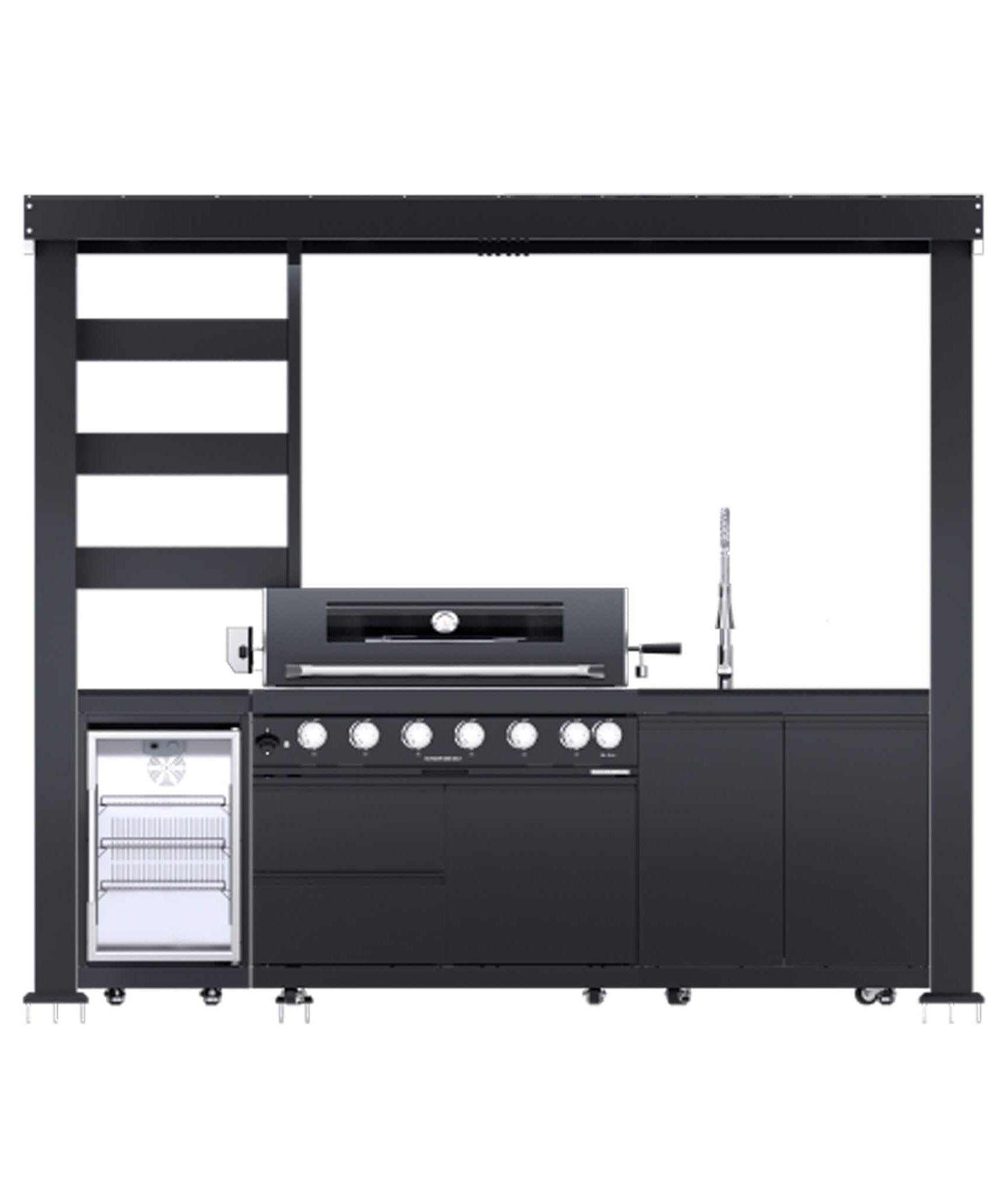 Castelle Flame Blaze 108-Inch 6-Burner 85K BTU Deluxe Stainless Steel Liquid Propane Outdoor Kitchen Grill Island With Wine Cooler, Rotisserie, Cabinets, And Granite Countertops (SAK58310)