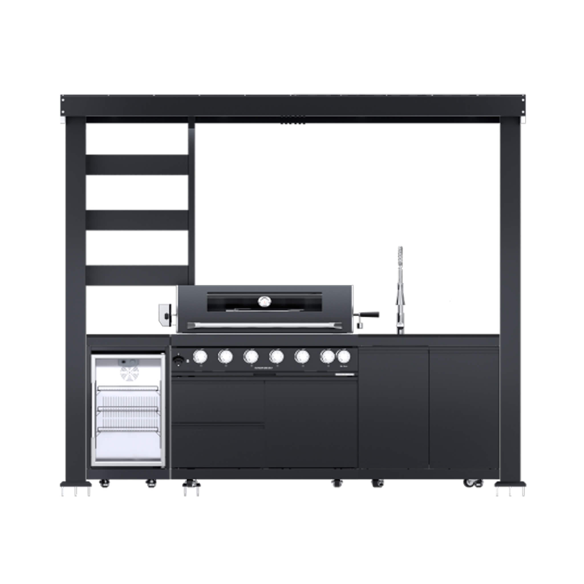 Castelle Flame Blaze 108-Inch 6-Burner 85K BTU Deluxe Stainless Steel Liquid Propane Outdoor Kitchen Grill Island With Wine Cooler, Rotisserie, Cabinets, And Granite Countertops (SAK58310)