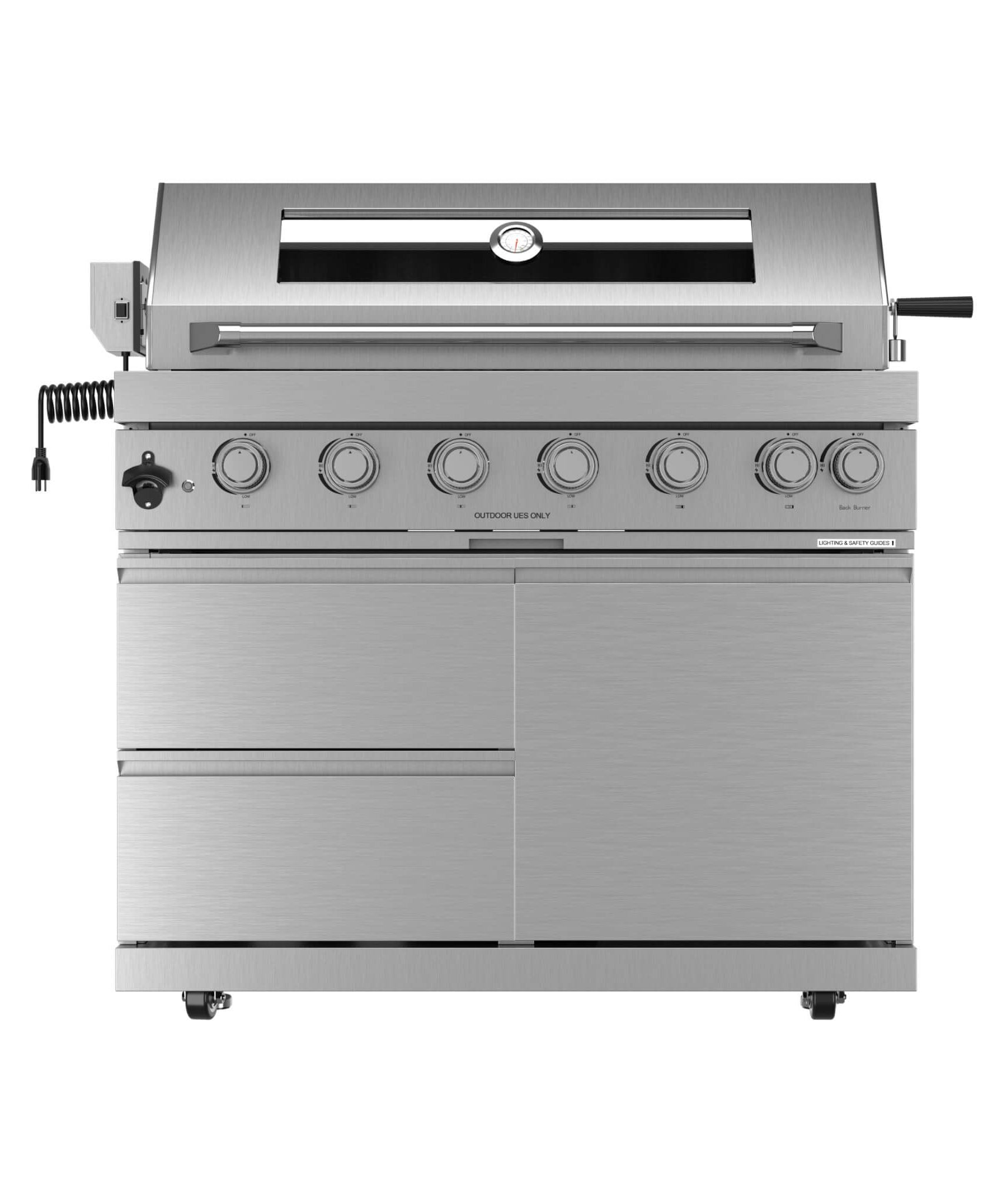 Castelle Flame Blaze 108-Inch 6-Burner 85K BTU Deluxe Stainless Steel Liquid Propane Outdoor Kitchen Grill Island With Wine Cooler, Rotisserie, Cabinets, And Granite Countertops (SAK58310)