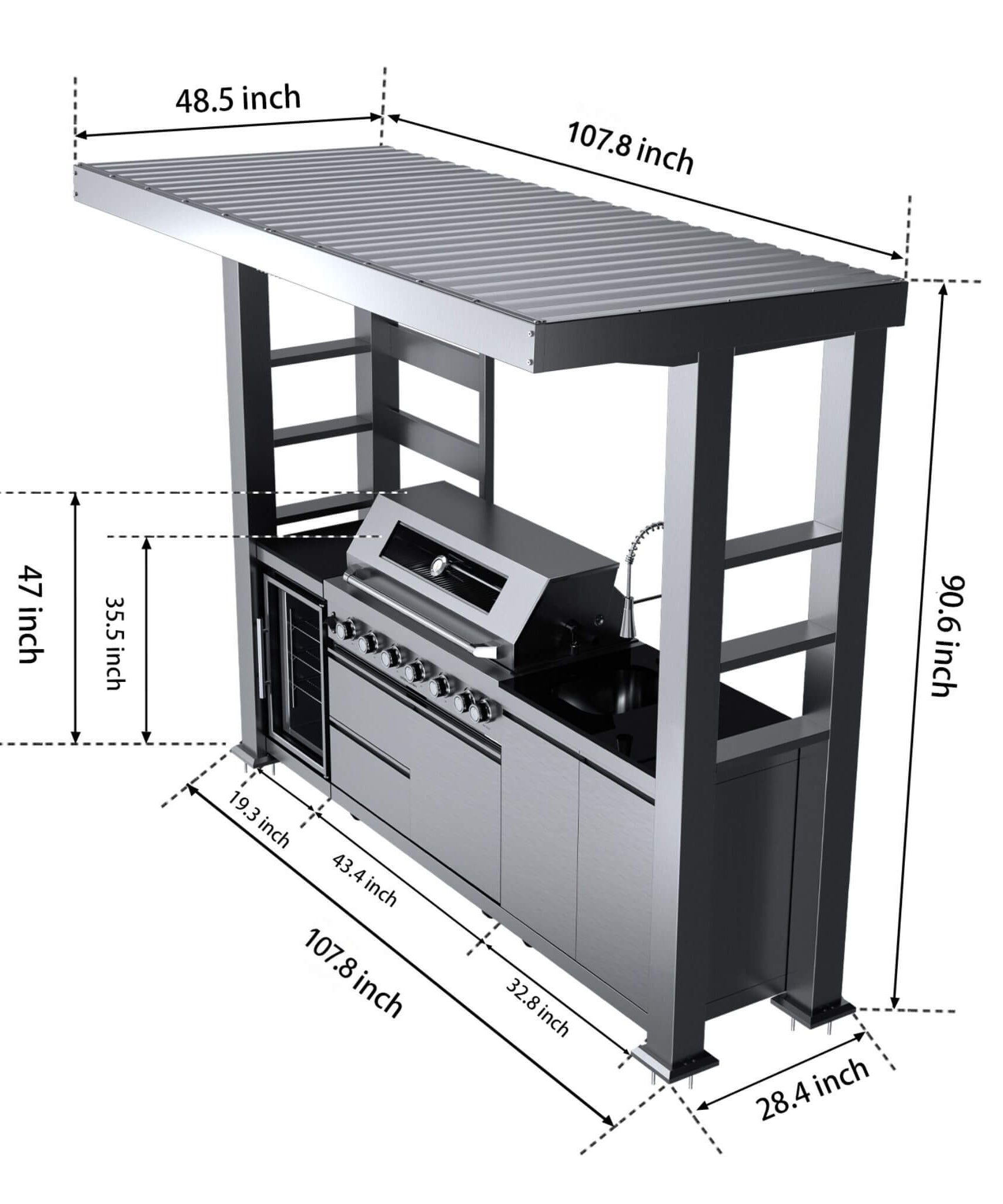 Castelle Flame Blaze 108-Inch 6-Burner 85K BTU Deluxe Stainless Steel Liquid Propane Outdoor Kitchen Grill Island With Wine Cooler, Rotisserie, Cabinets, And Granite Countertops (SAK58310)
