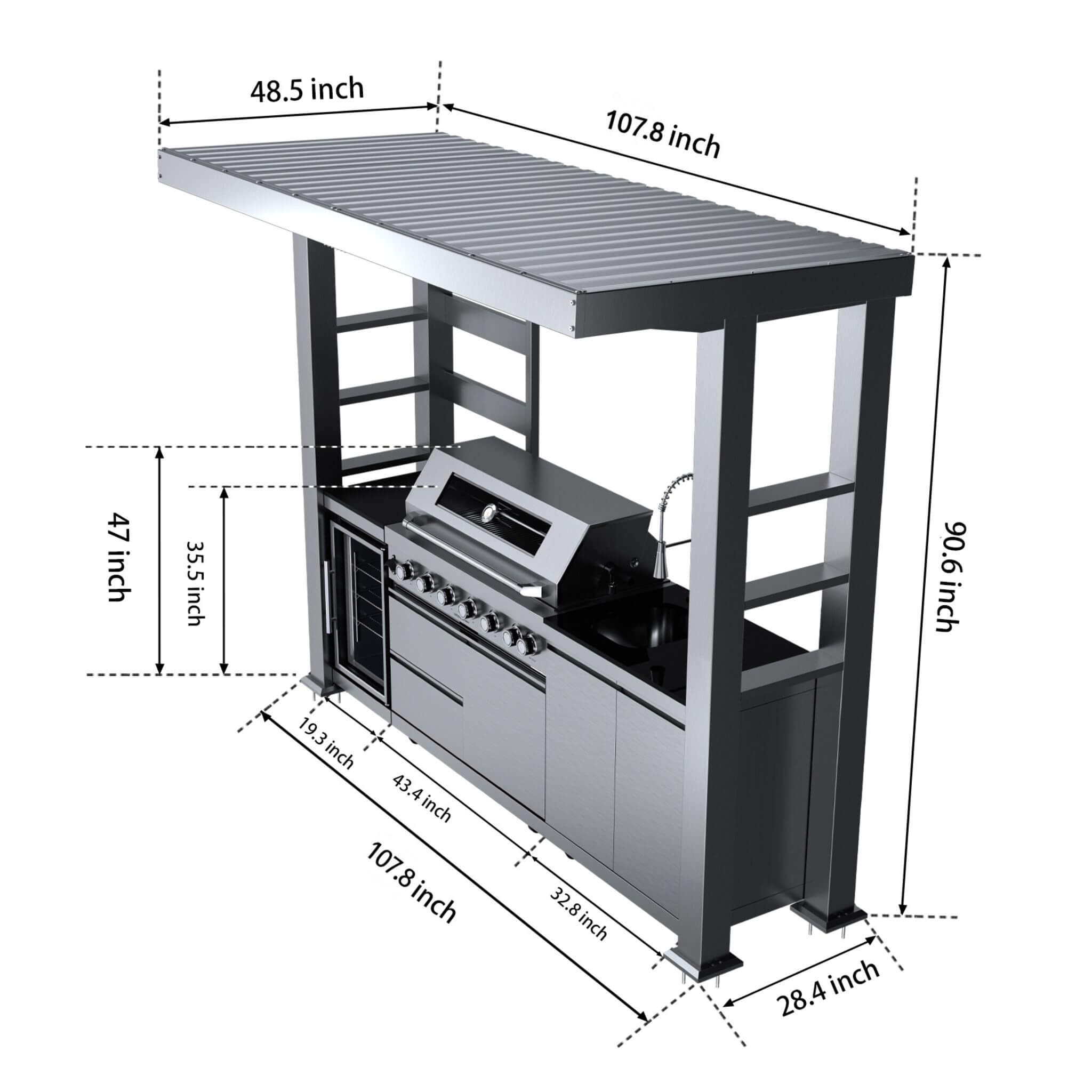 Castelle Flame Blaze 108-Inch 6-Burner 85K BTU Deluxe Stainless Steel Liquid Propane Outdoor Kitchen Grill Island With Wine Cooler, Rotisserie, Cabinets, And Granite Countertops (SAK58310)
