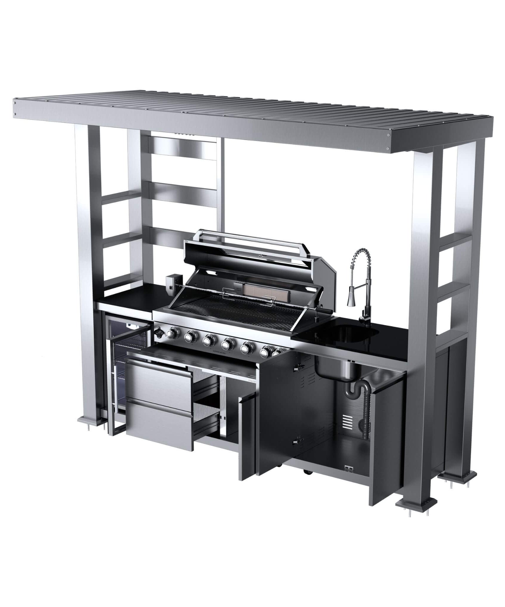 Castelle Flame Blaze 108-Inch 6-Burner 85K BTU Deluxe Stainless Steel Liquid Propane Outdoor Kitchen Grill Island With Wine Cooler, Rotisserie, Cabinets, And Granite Countertops (SAK58310)