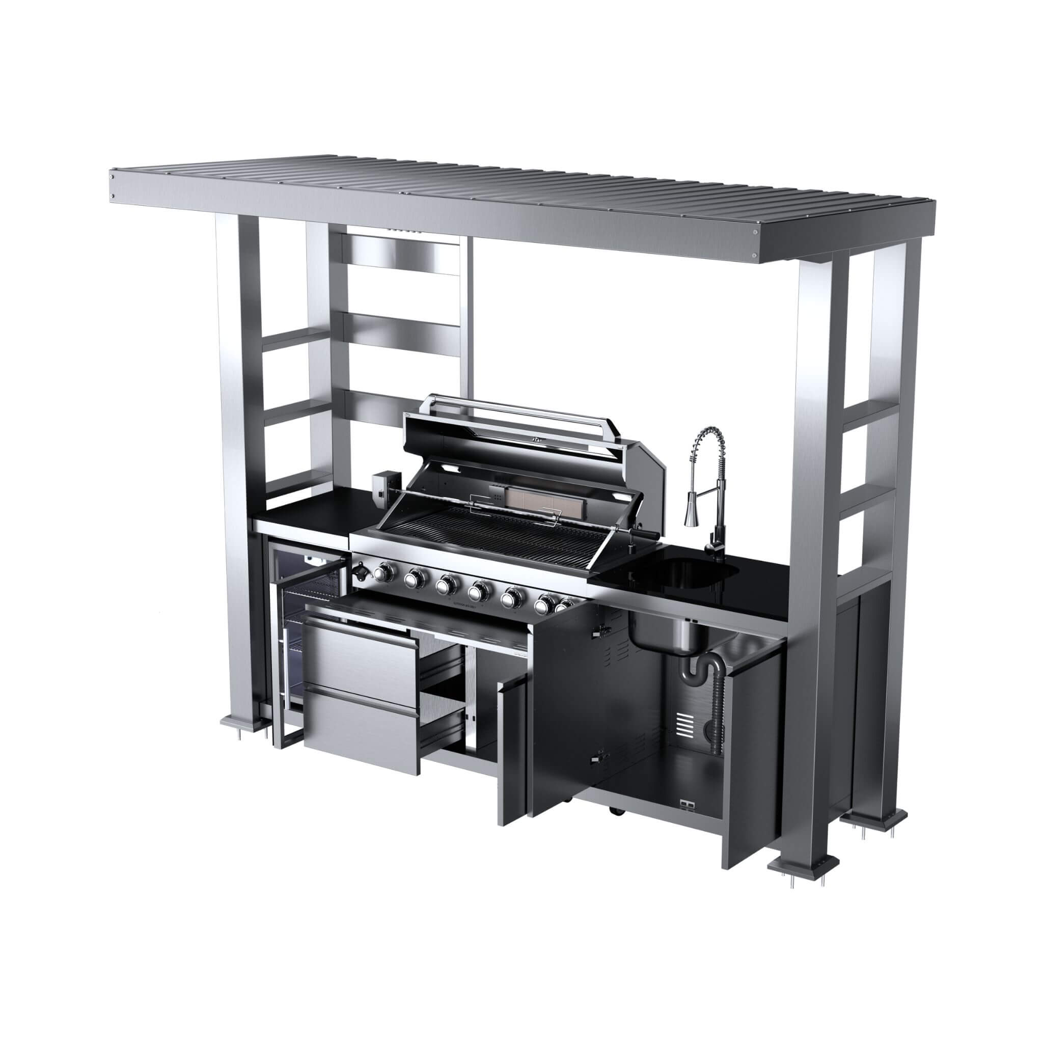 Castelle Flame Blaze 108-Inch 6-Burner 85K BTU Deluxe Stainless Steel Liquid Propane Outdoor Kitchen Grill Island With Wine Cooler, Rotisserie, Cabinets, And Granite Countertops (SAK58310)