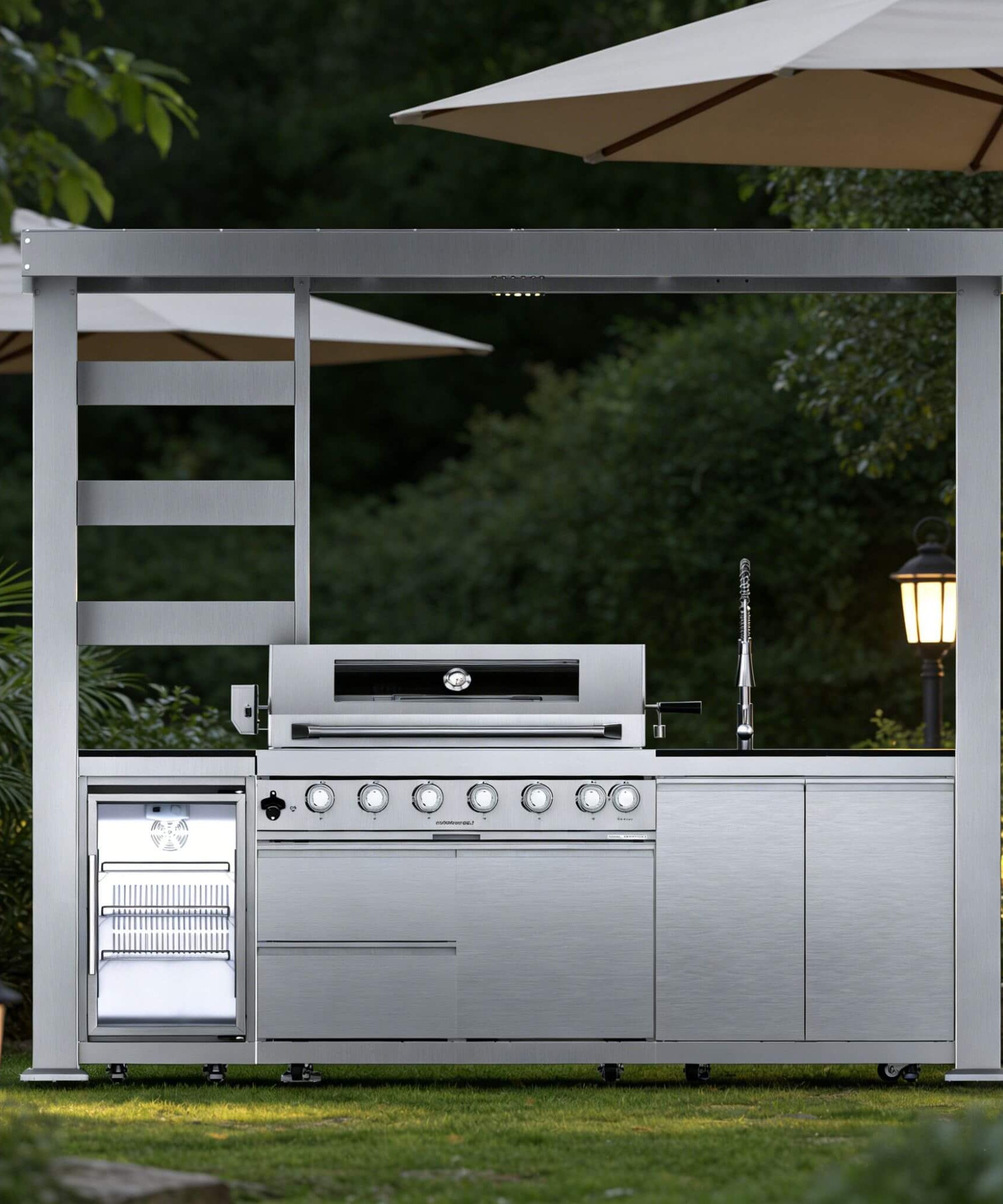 Castelle Flame Blaze 108-Inch 6-Burner 85K BTU Deluxe Stainless Steel Liquid Propane Outdoor Kitchen Grill Island With Wine Cooler, Rotisserie, Cabinets, And Granite Countertops (SAK58310)