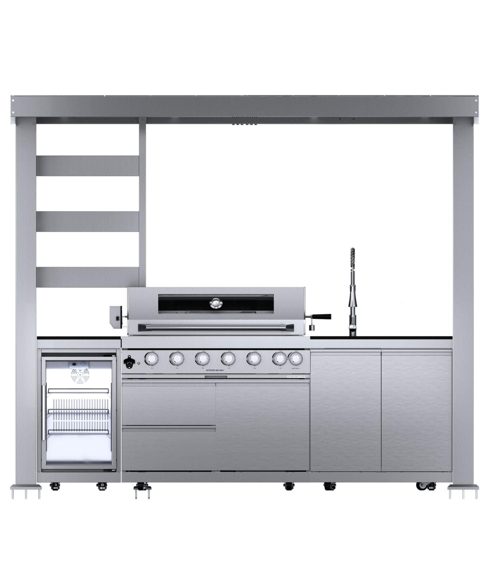 Castelle Flame Blaze 108-Inch 6-Burner 85K BTU Deluxe Stainless Steel Liquid Propane Outdoor Kitchen Grill Island With Wine Cooler, Rotisserie, Cabinets, And Granite Countertops (SAK58310)