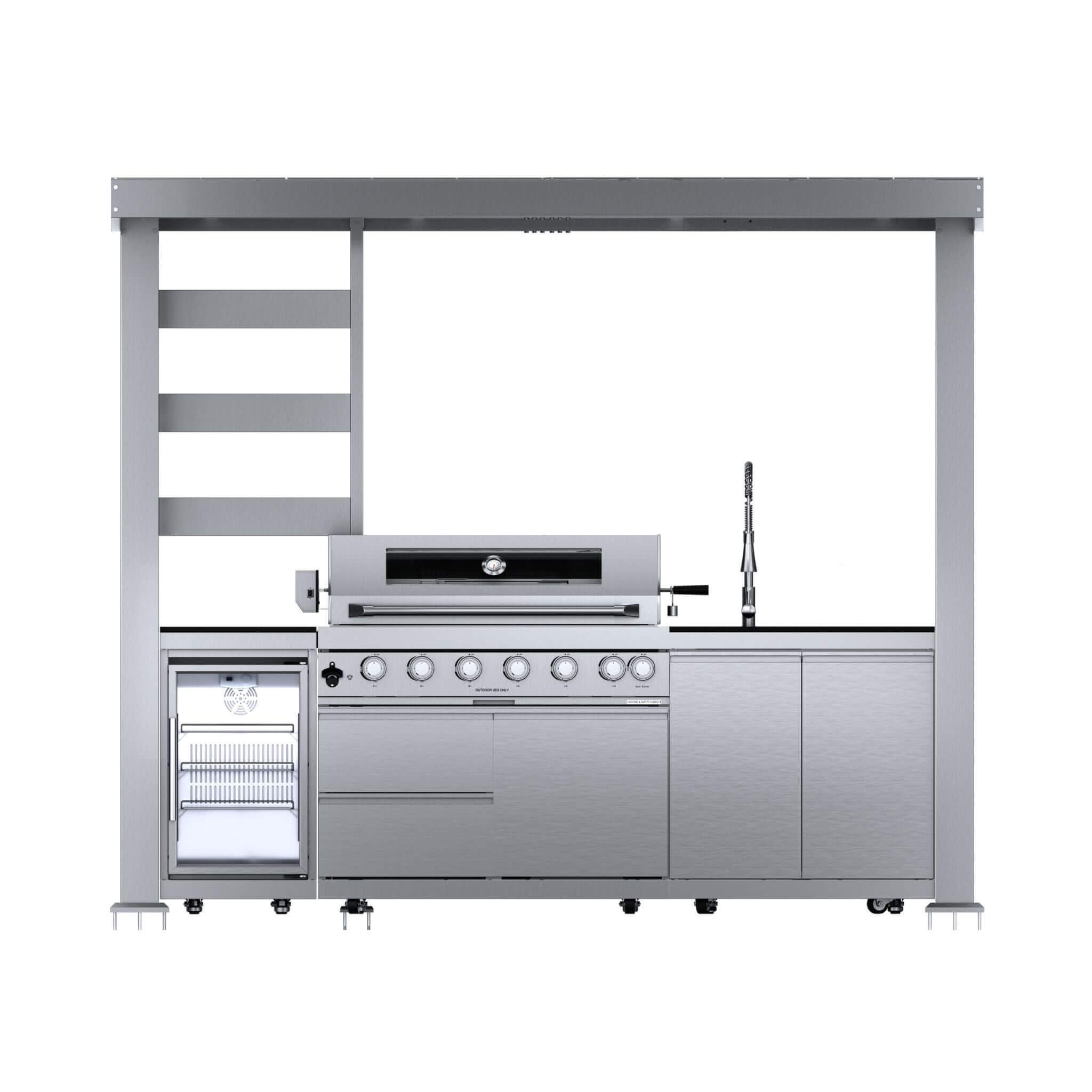 Castelle Flame Blaze 108-Inch 6-Burner 85K BTU Deluxe Stainless Steel Liquid Propane Outdoor Kitchen Grill Island With Wine Cooler, Rotisserie, Cabinets, And Granite Countertops (SAK58310)