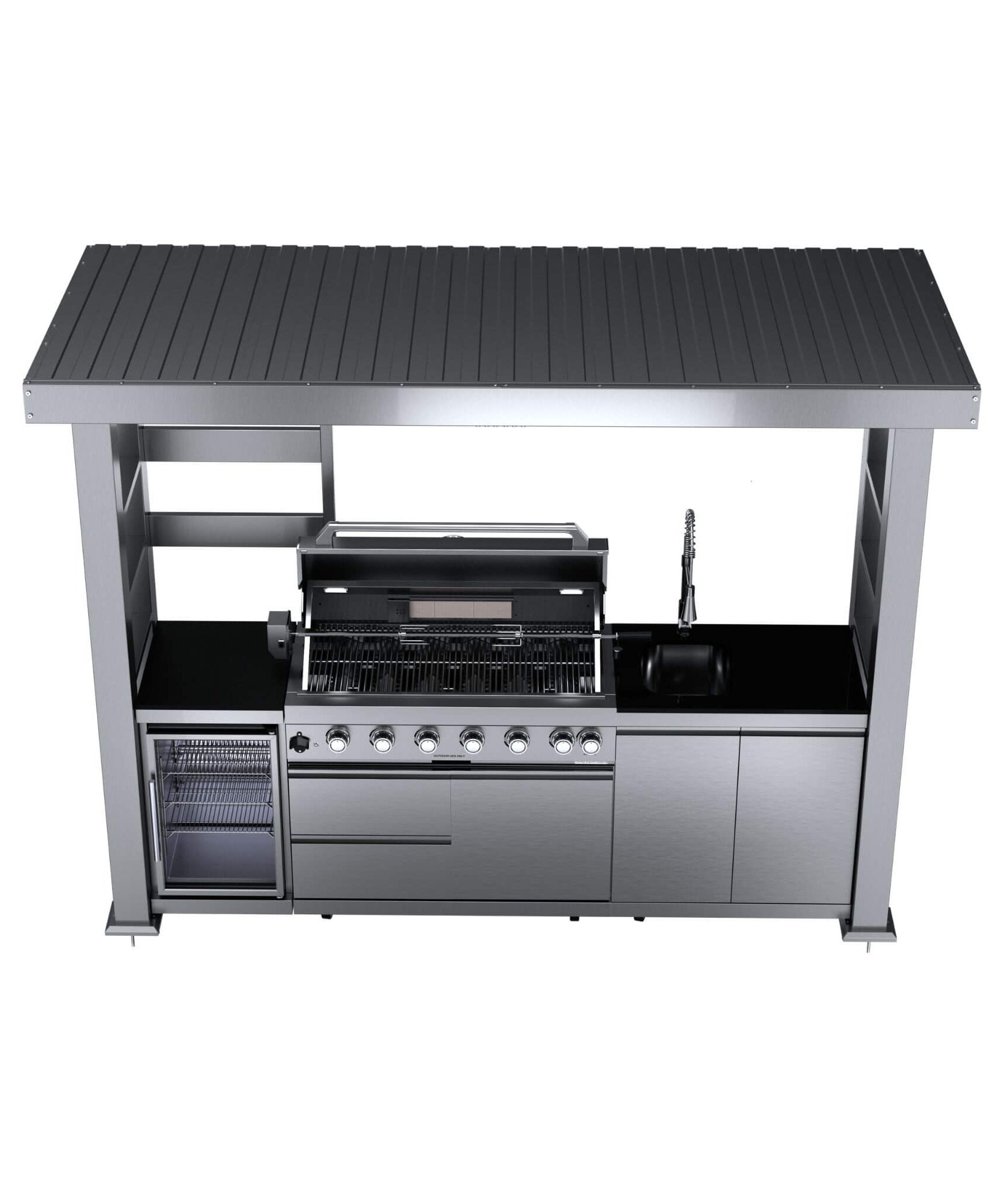 Castelle Flame Blaze 108-Inch 6-Burner 85K BTU Deluxe Stainless Steel Liquid Propane Outdoor Kitchen Grill Island With Wine Cooler, Rotisserie, Cabinets, And Granite Countertops (SAK58310)