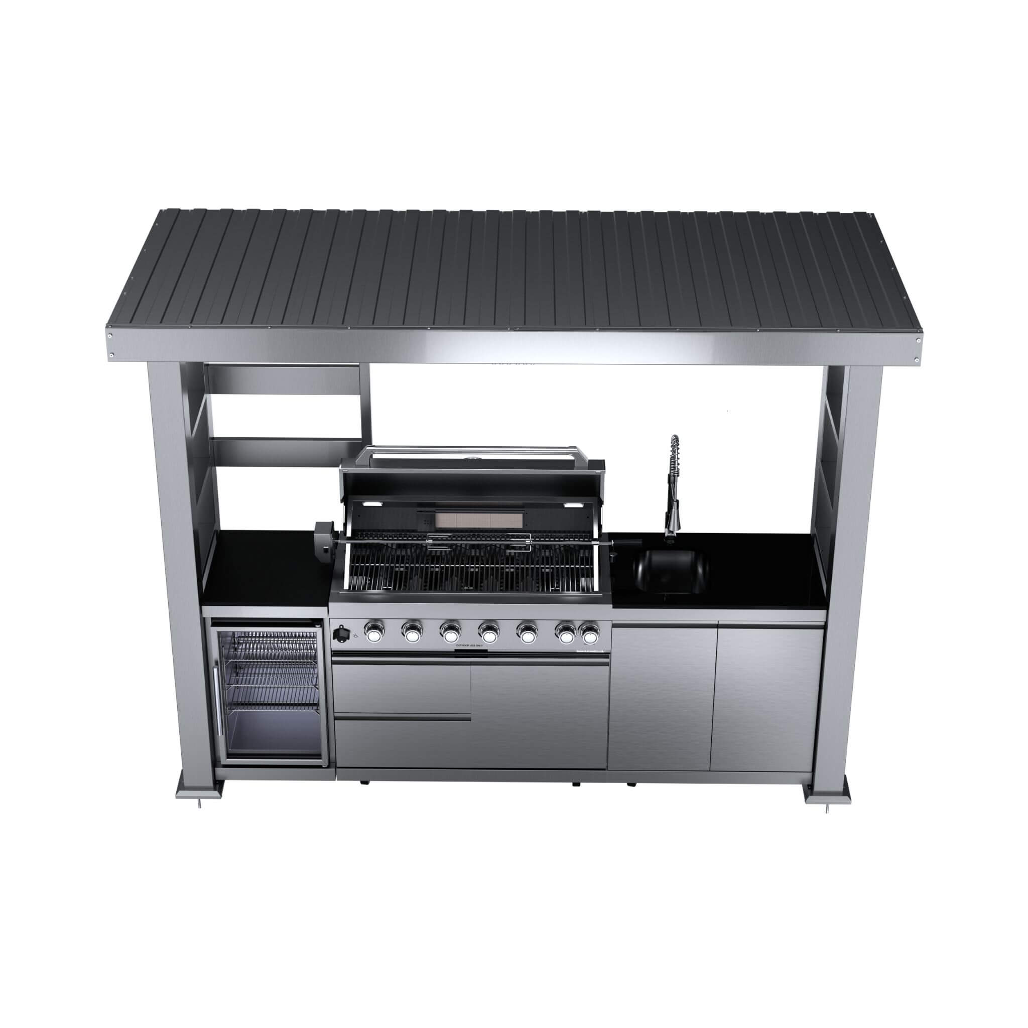 Castelle Flame Blaze 108-Inch 6-Burner 85K BTU Deluxe Stainless Steel Liquid Propane Outdoor Kitchen Grill Island With Wine Cooler, Rotisserie, Cabinets, And Granite Countertops (SAK58310)