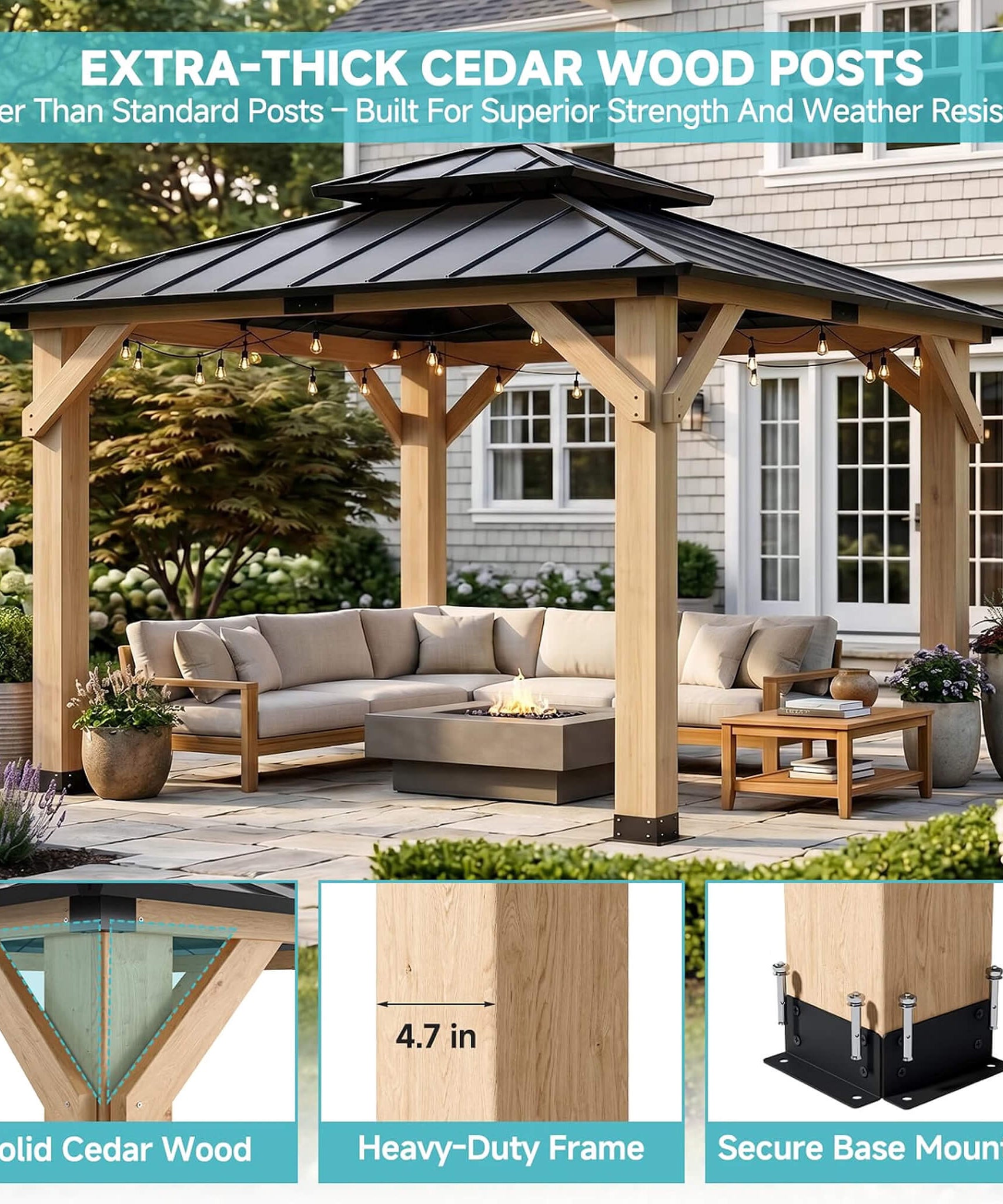 [10X10FT] Permanent Galvanized Steel Double Roof Cedar Wood Gazebo (SAK73842)