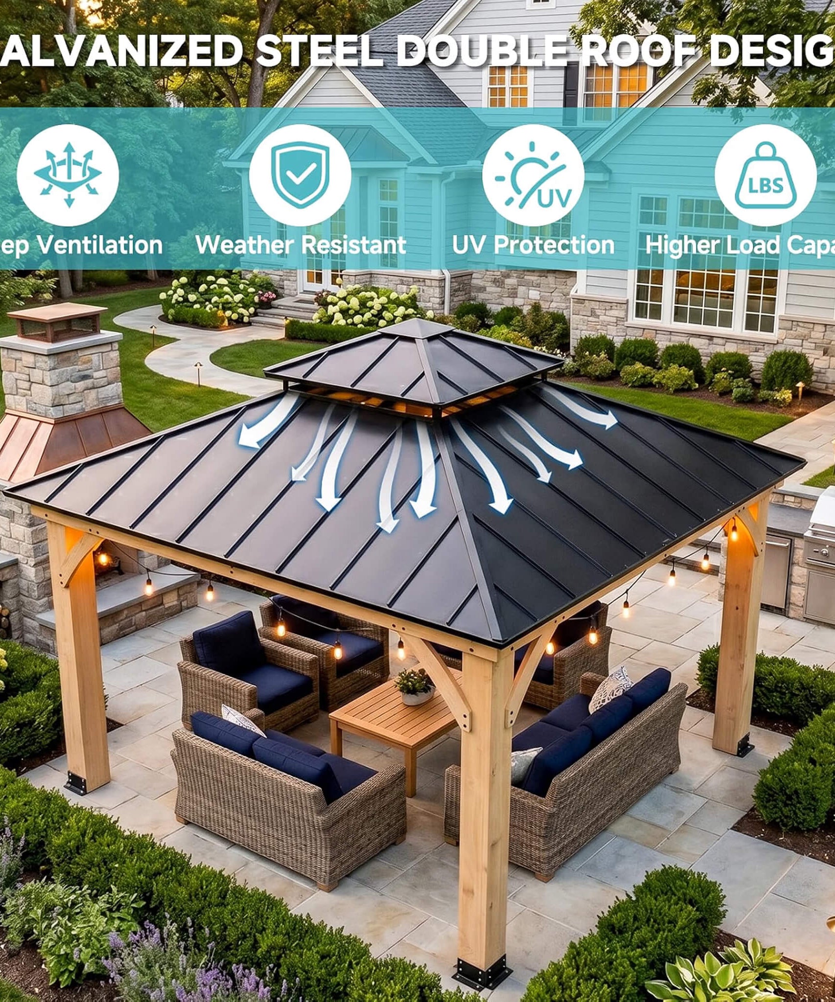 [10X10FT] Permanent Galvanized Steel Double Roof Cedar Wood Gazebo (SAK73842)