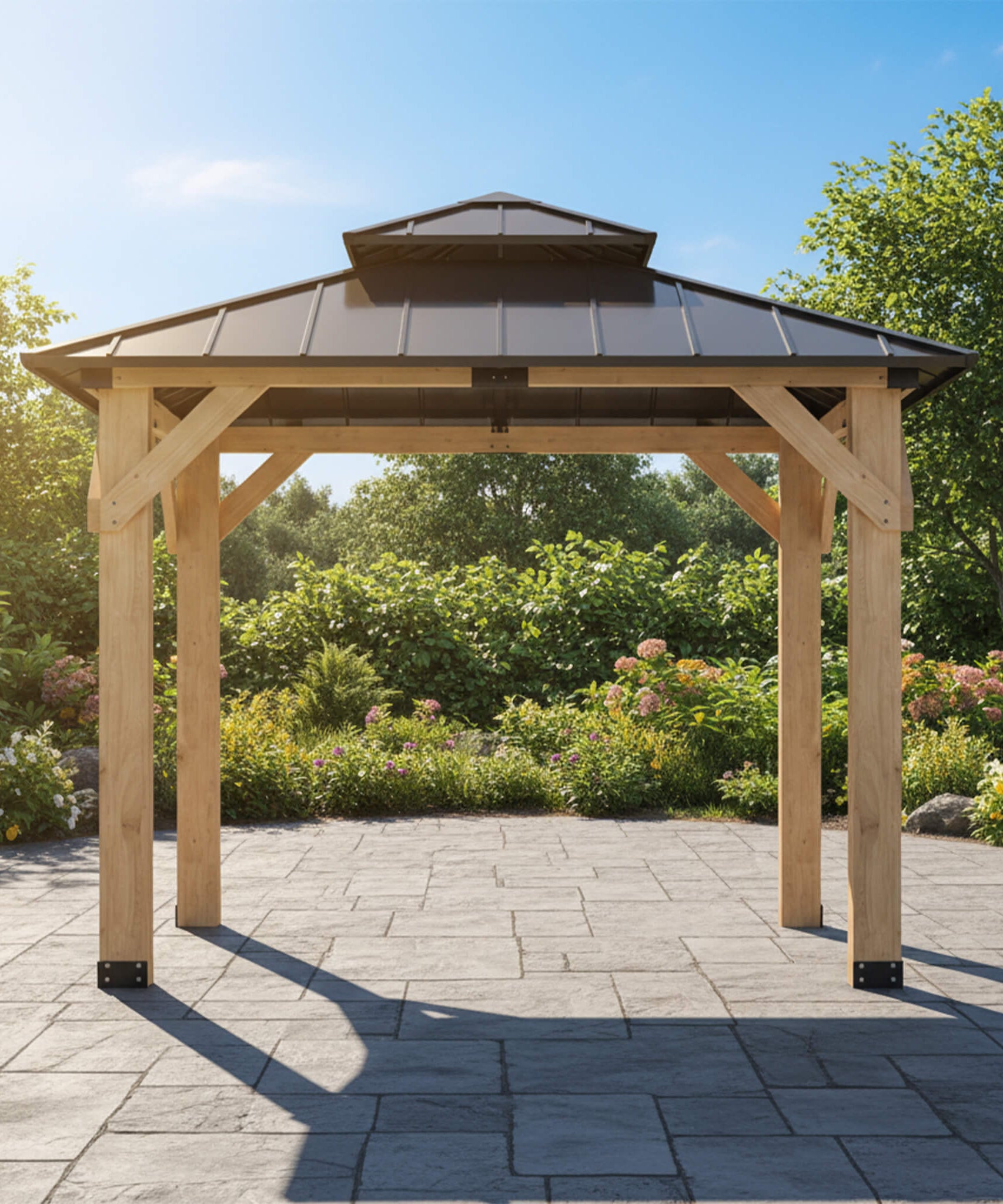 [10X10FT] Permanent Galvanized Steel Double Roof Cedar Wood Gazebo (SAK73842)