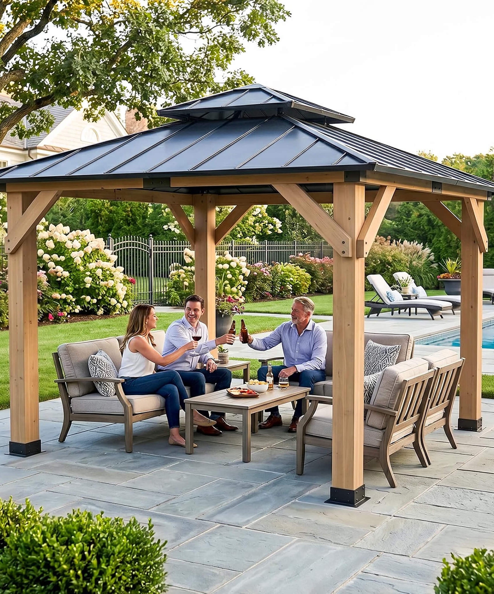 [10X10FT] Permanent Galvanized Steel Double Roof Cedar Wood Gazebo (SAK73842)