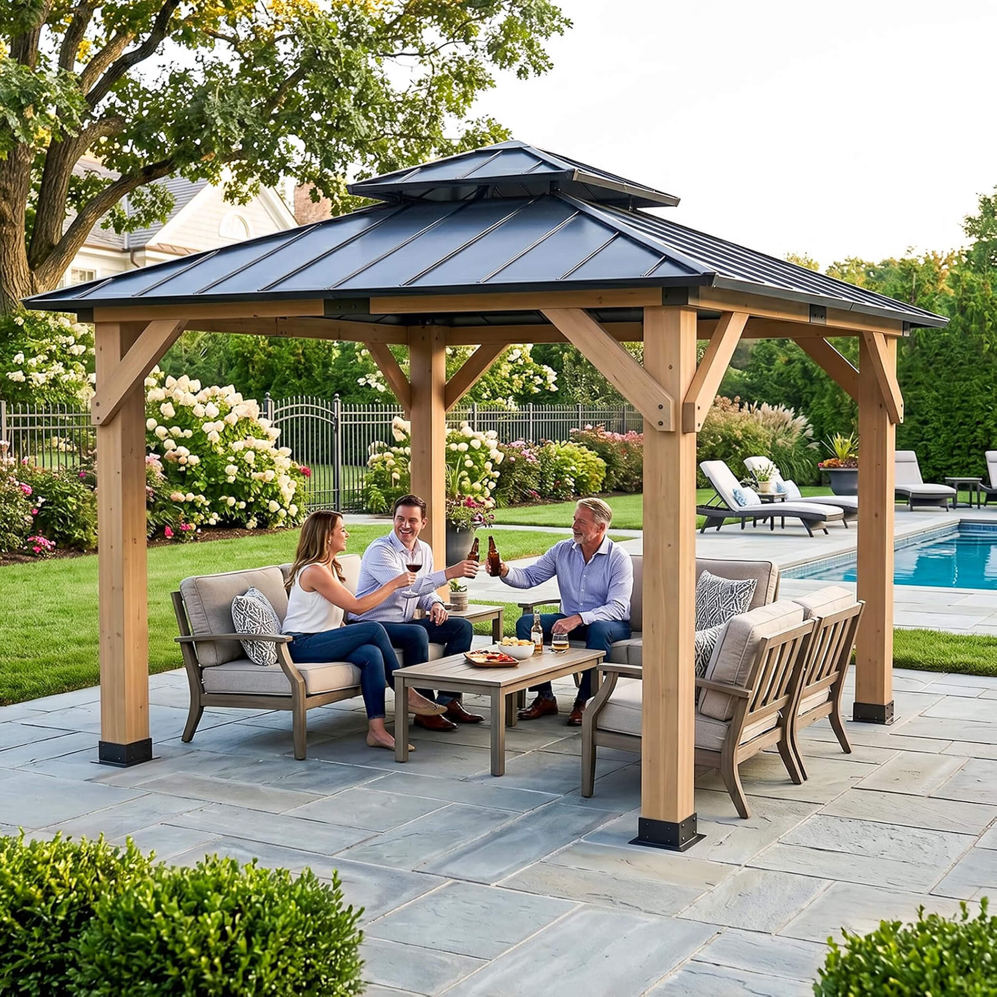 [10X10FT] Permanent Galvanized Steel Double Roof Cedar Wood Gazebo (SAK73842)