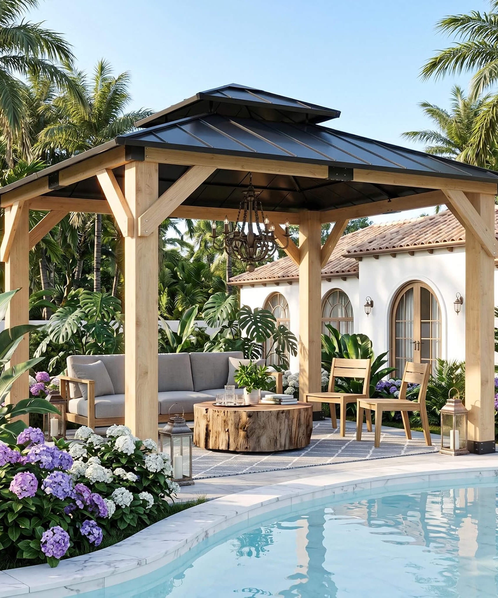 [10X10FT] Permanent Galvanized Steel Double Roof Cedar Wood Gazebo (SAK73842)