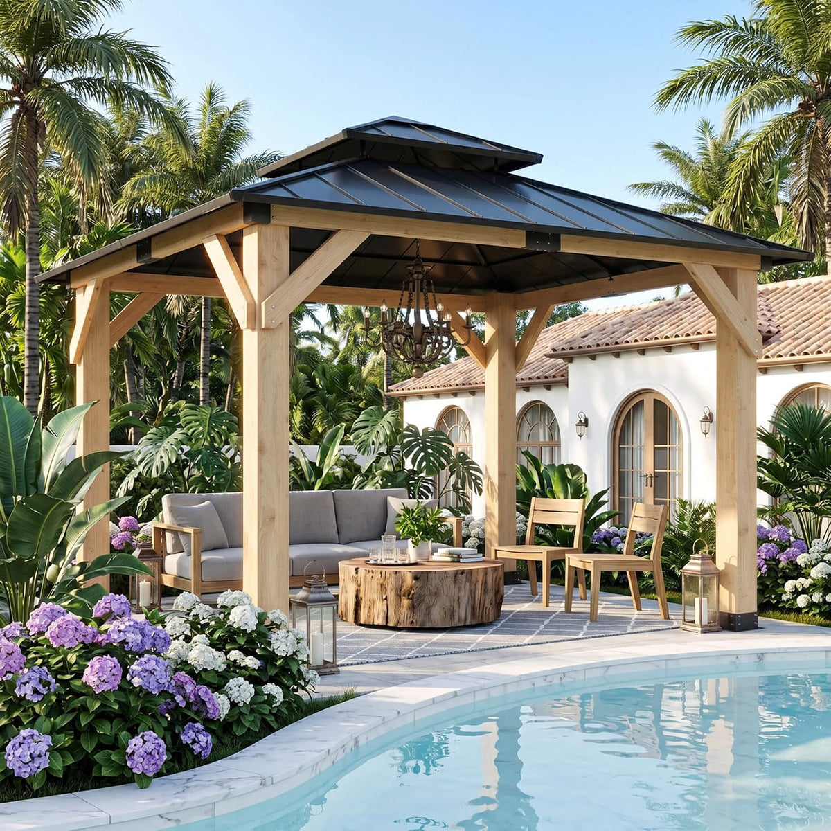 [10X10FT] Permanent Galvanized Steel Double Roof Cedar Wood Gazebo (SAK73842)