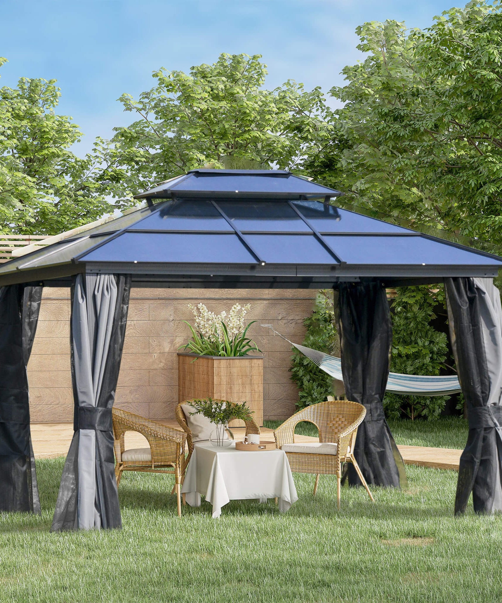 [10X12FT] Alora Hardtop Gazebo Canopy With Polycarbonate Double Roof, Netting, And Curtains (SAK15672)