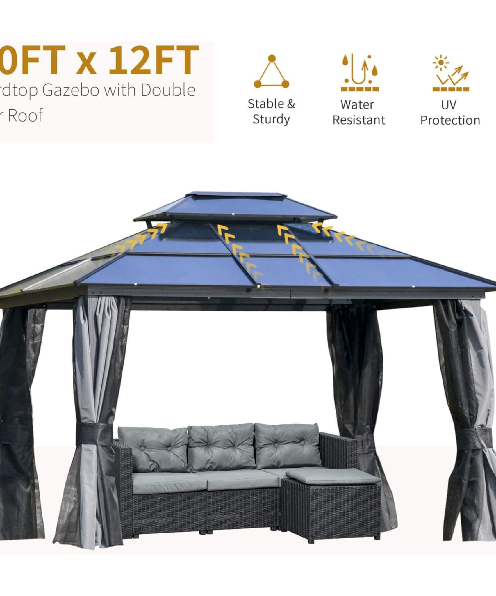 [10X12FT] Alora Hardtop Gazebo Canopy With Polycarbonate Double Roof, Netting, And Curtains (SAK15672)