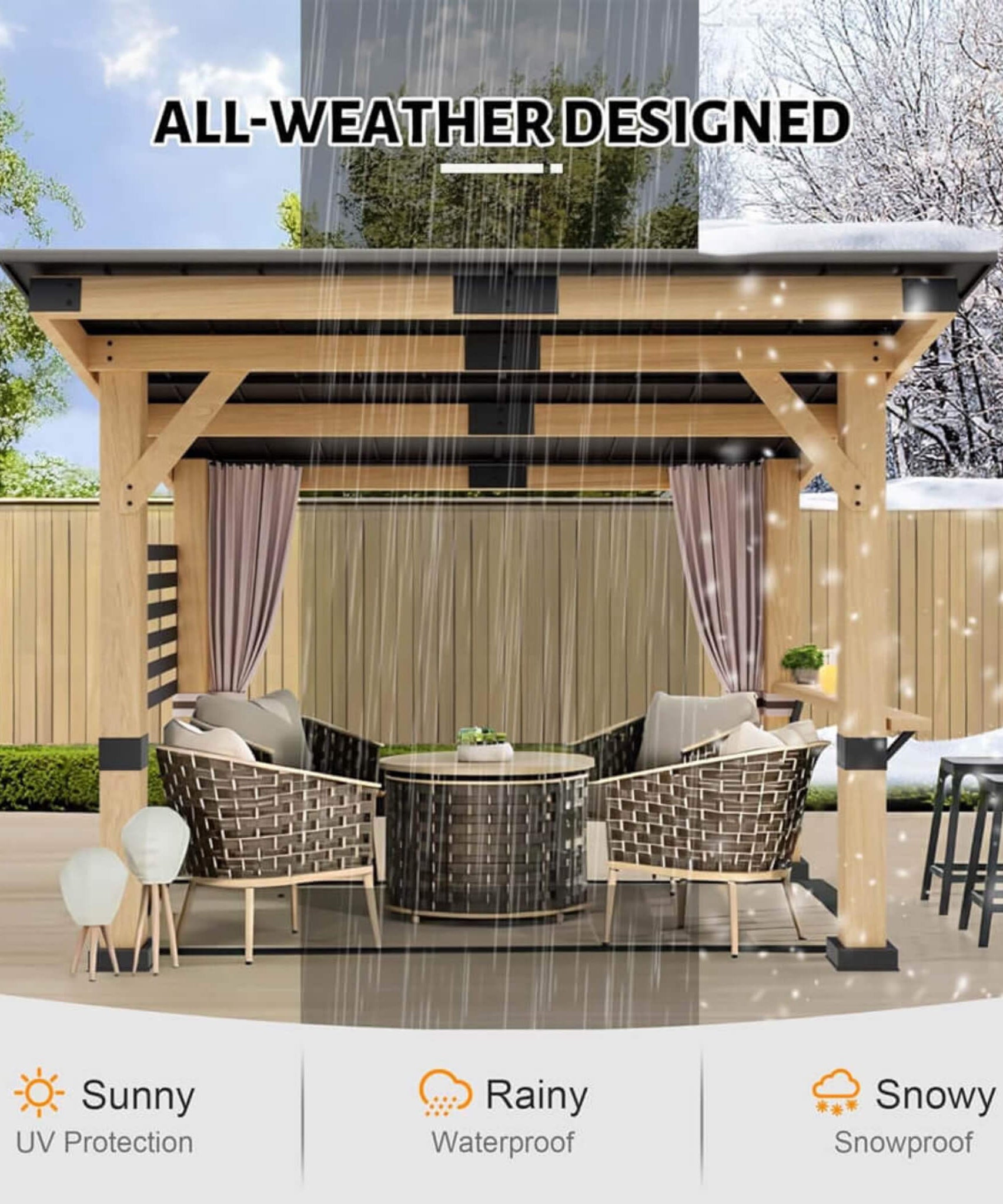 [10X12FT] Alora Heavy-Duty Premium Outdoor All-Season Wooden Cedar Hardtop Gazebo With Metal Roof & Back Curtains (SAK57184)