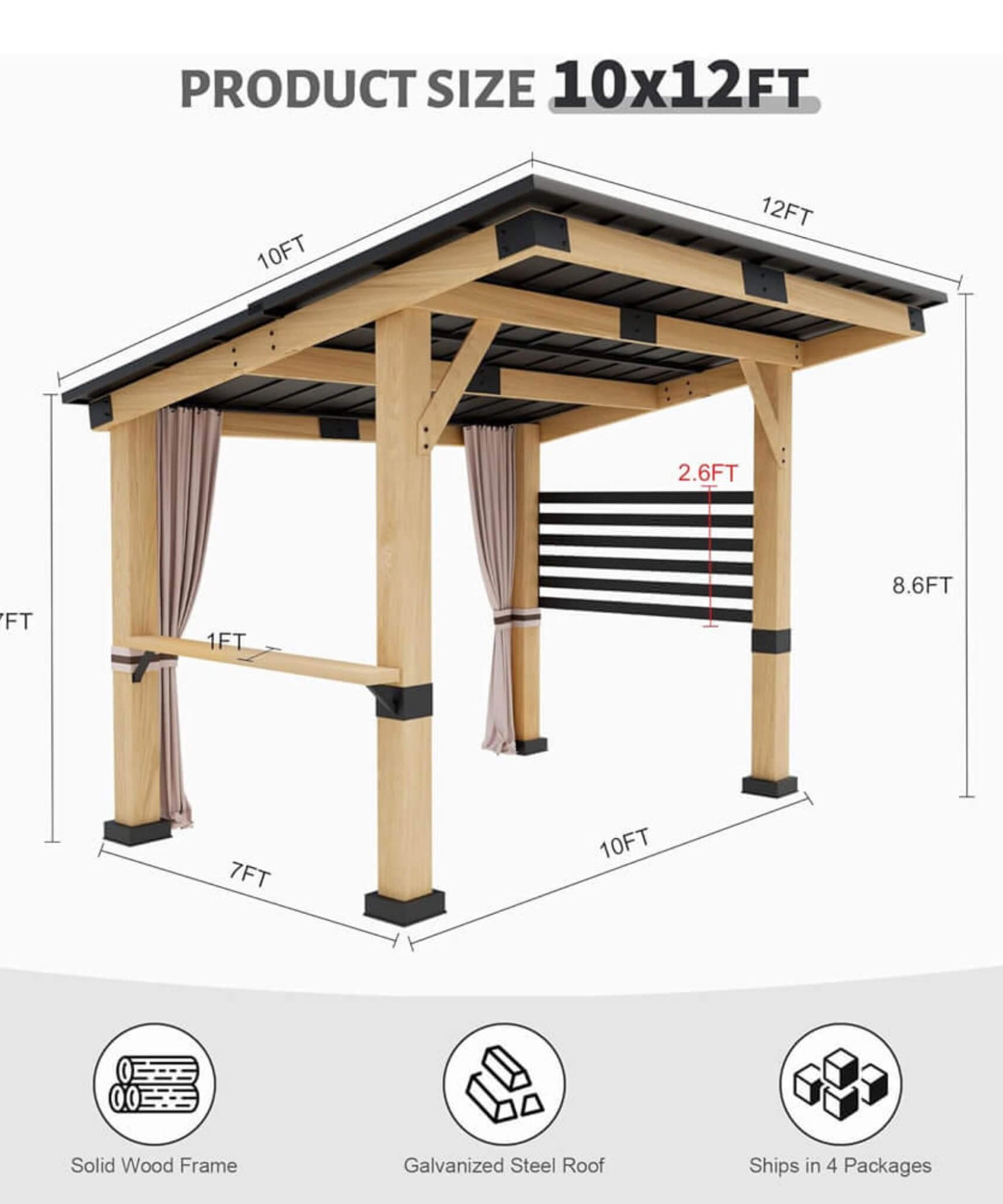 [10X12FT] Alora Heavy-Duty Premium Outdoor All-Season Wooden Cedar Hardtop Gazebo With Metal Roof & Back Curtains (SAK57184)