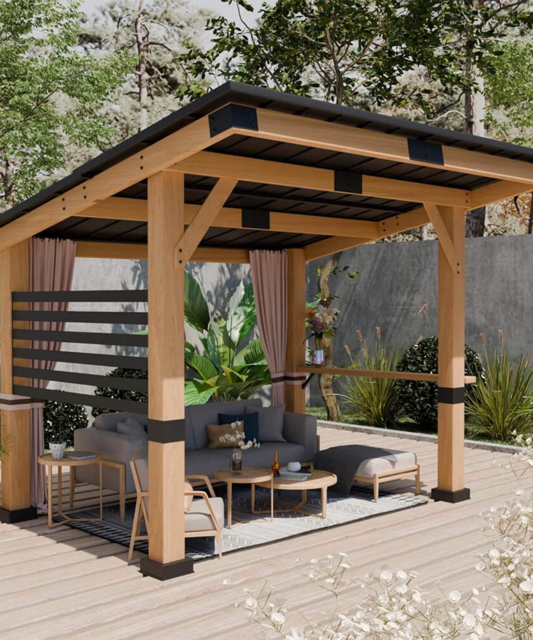 [10X12FT] Alora Heavy-Duty Premium Outdoor All-Season Wooden Cedar Hardtop Gazebo With Metal Roof & Back Curtains (SAK57184)